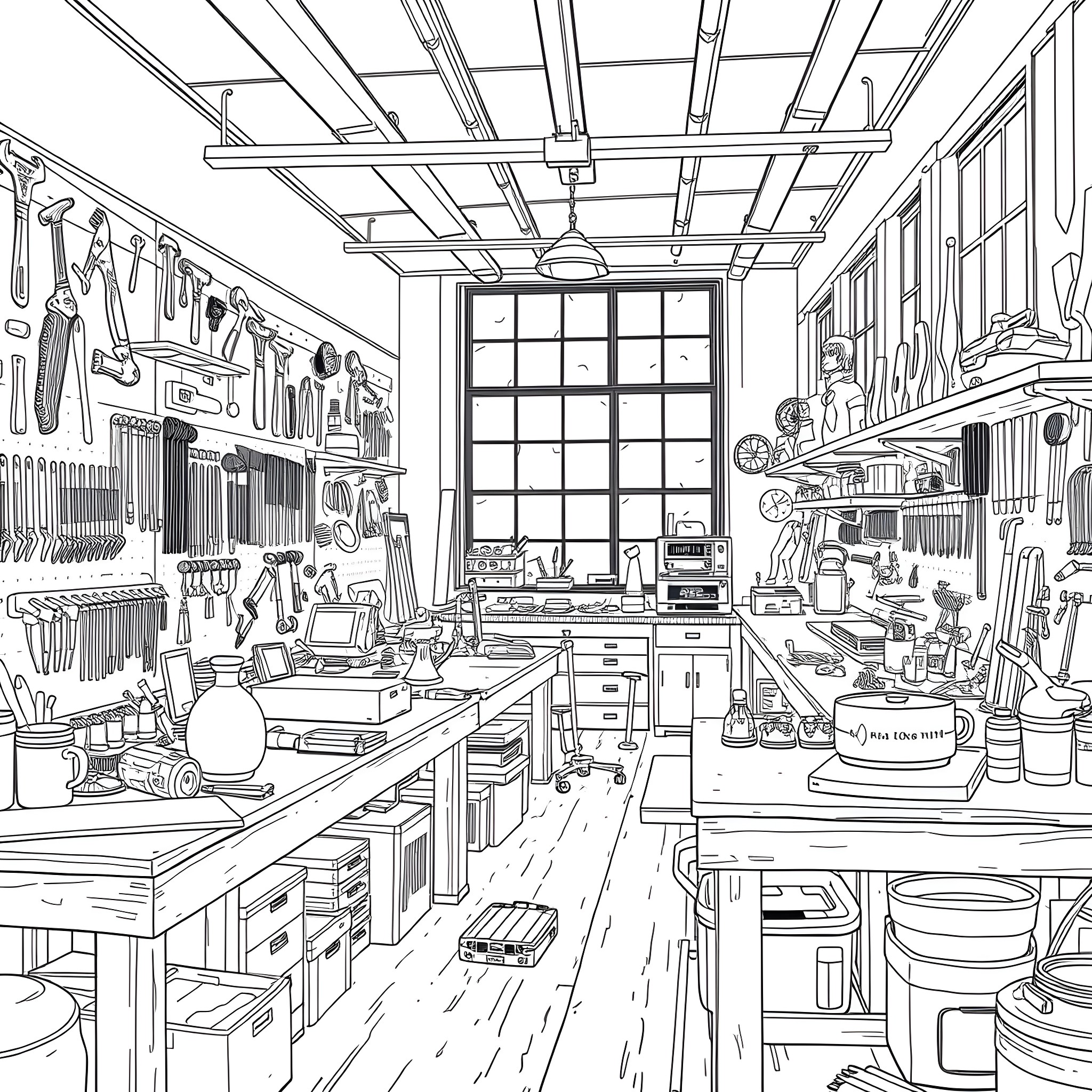 Workshop filled with various tools and equipment Coloring Page (free black-and-white line drawing printable PDF for all, from beginners to advanced learners, including children, teens, adults, and seniors)