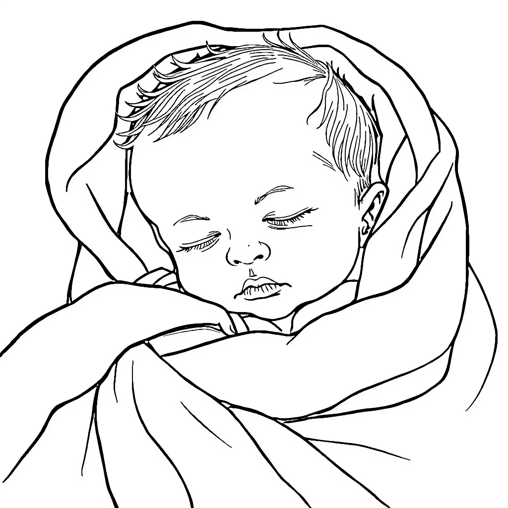 Baby peacefully sleeping in soft blanket Coloring Page (free black-and-white line drawing printable PDF for all, from beginners to advanced learners, including children, teens, adults, and seniors)