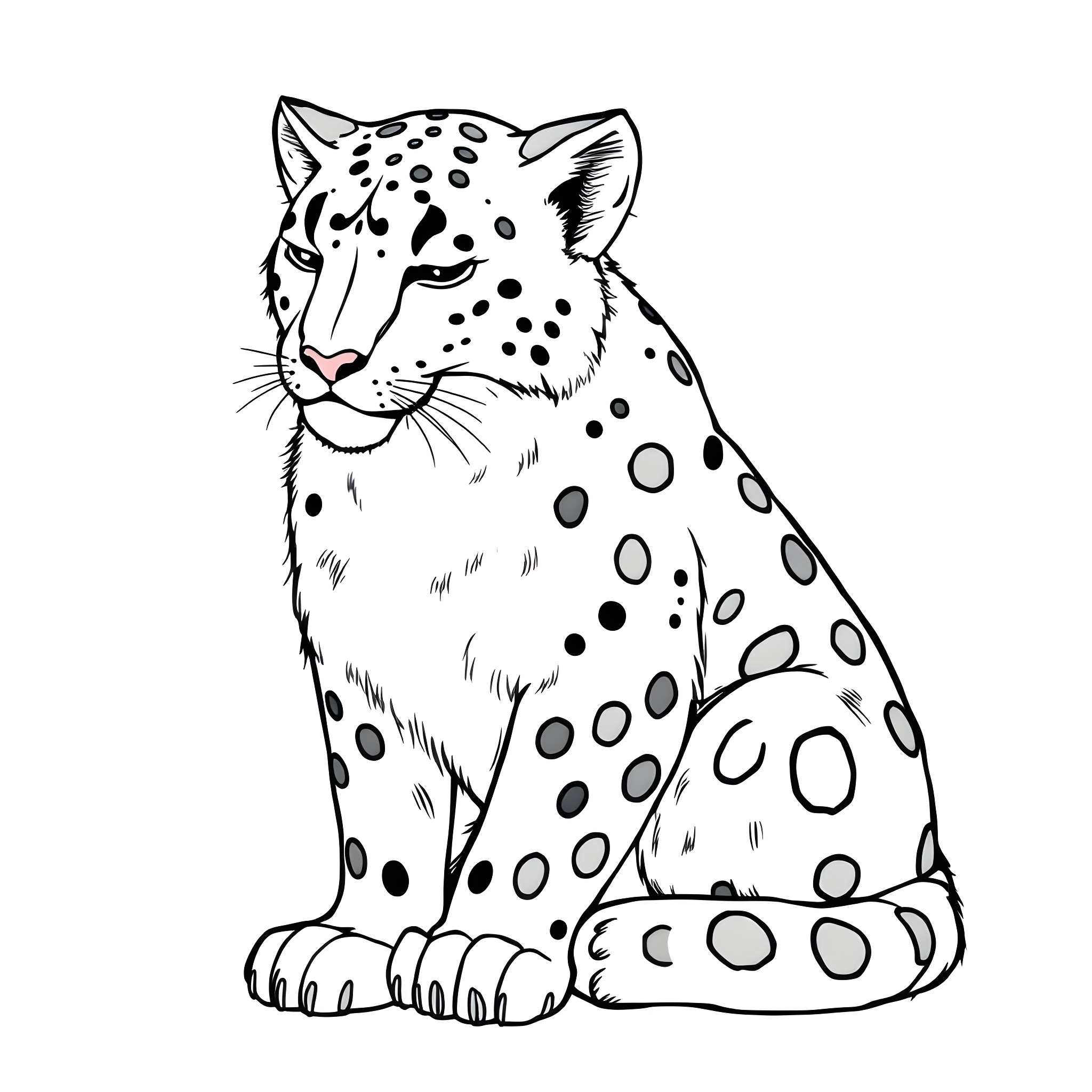 Snow Leopard in Contemplative Pose Coloring Page (free black-and-white line drawing printable PDF for all, from beginners to advanced learners, including children, teens, adults, and seniors)
