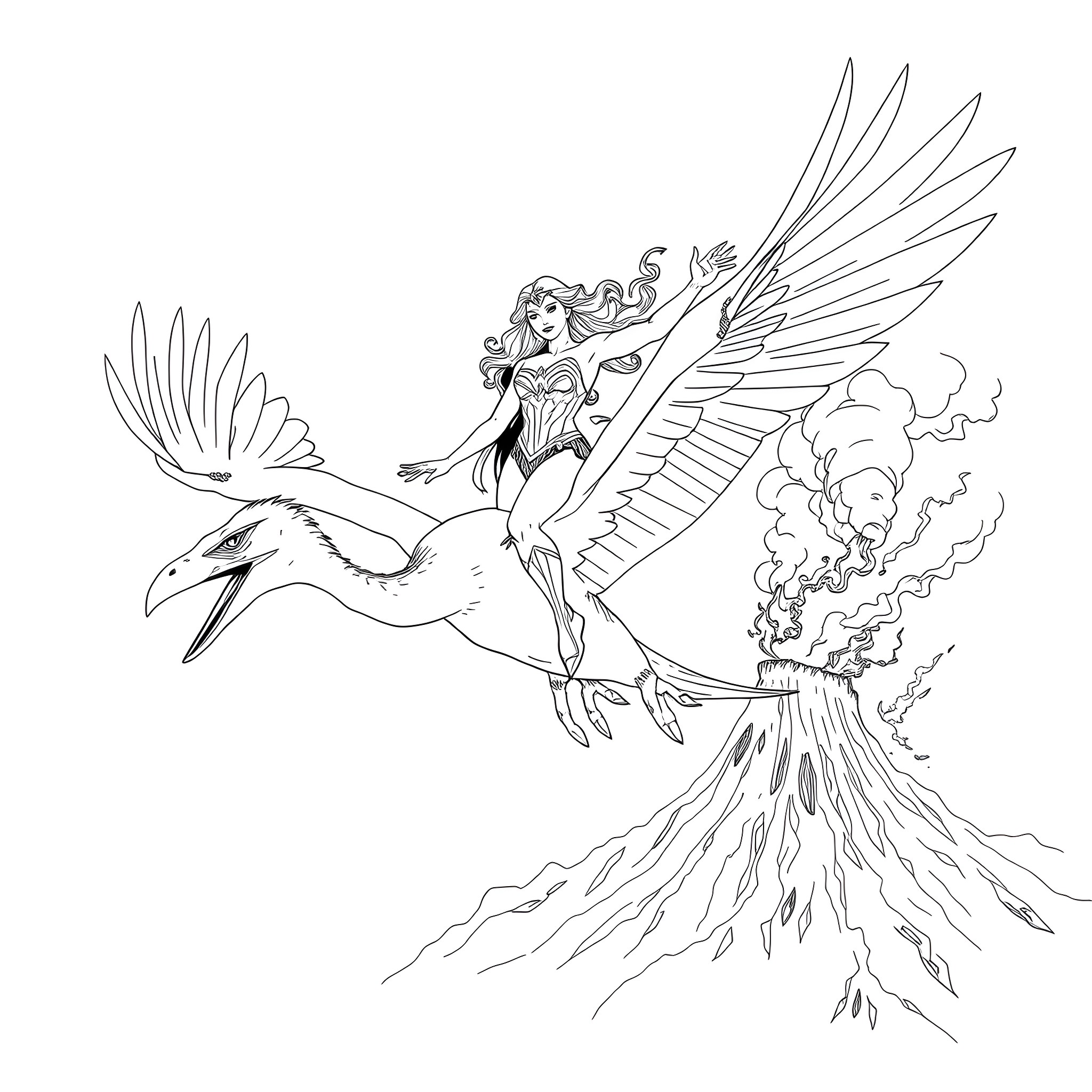 Superwoman riding a mythical bird over a volcanic eruption Coloring Page (free black-and-white line drawing printable PDF for all, from beginners to advanced learners, including children, teens, adults, and seniors)