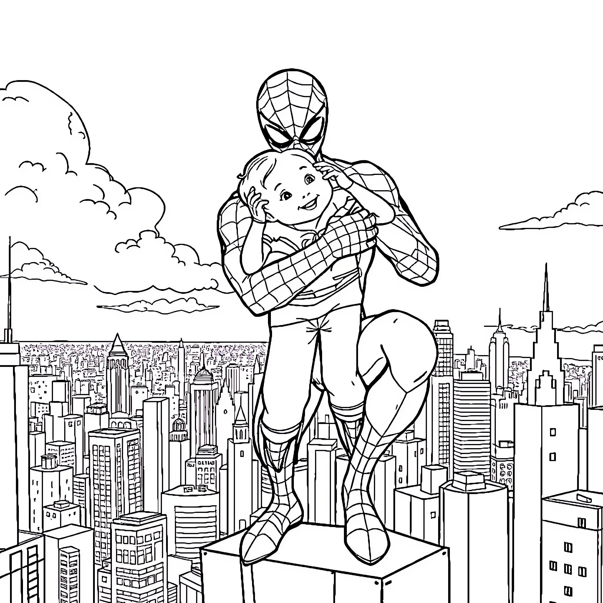 Spiderman standing heroically over the cityscape Coloring Page (free black-and-white line drawing printable PDF for all, from beginners to advanced learners, including children, teens, adults, and seniors)