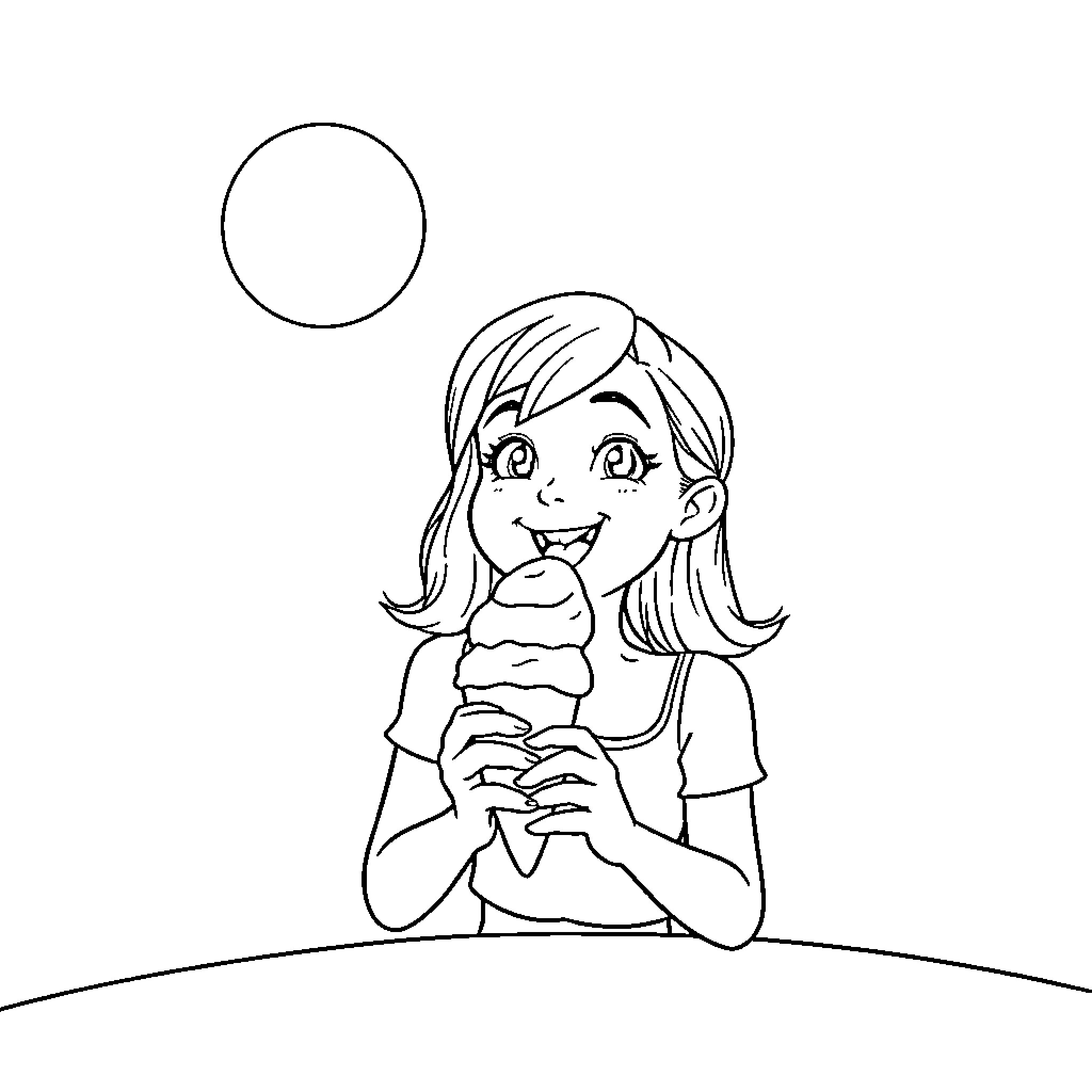 Sydney Sweeney enjoying ice cream on a sunny day Coloring Page (free black-and-white line drawing printable PDF for all, from beginners to advanced learners, including children, teens, adults, and seniors)