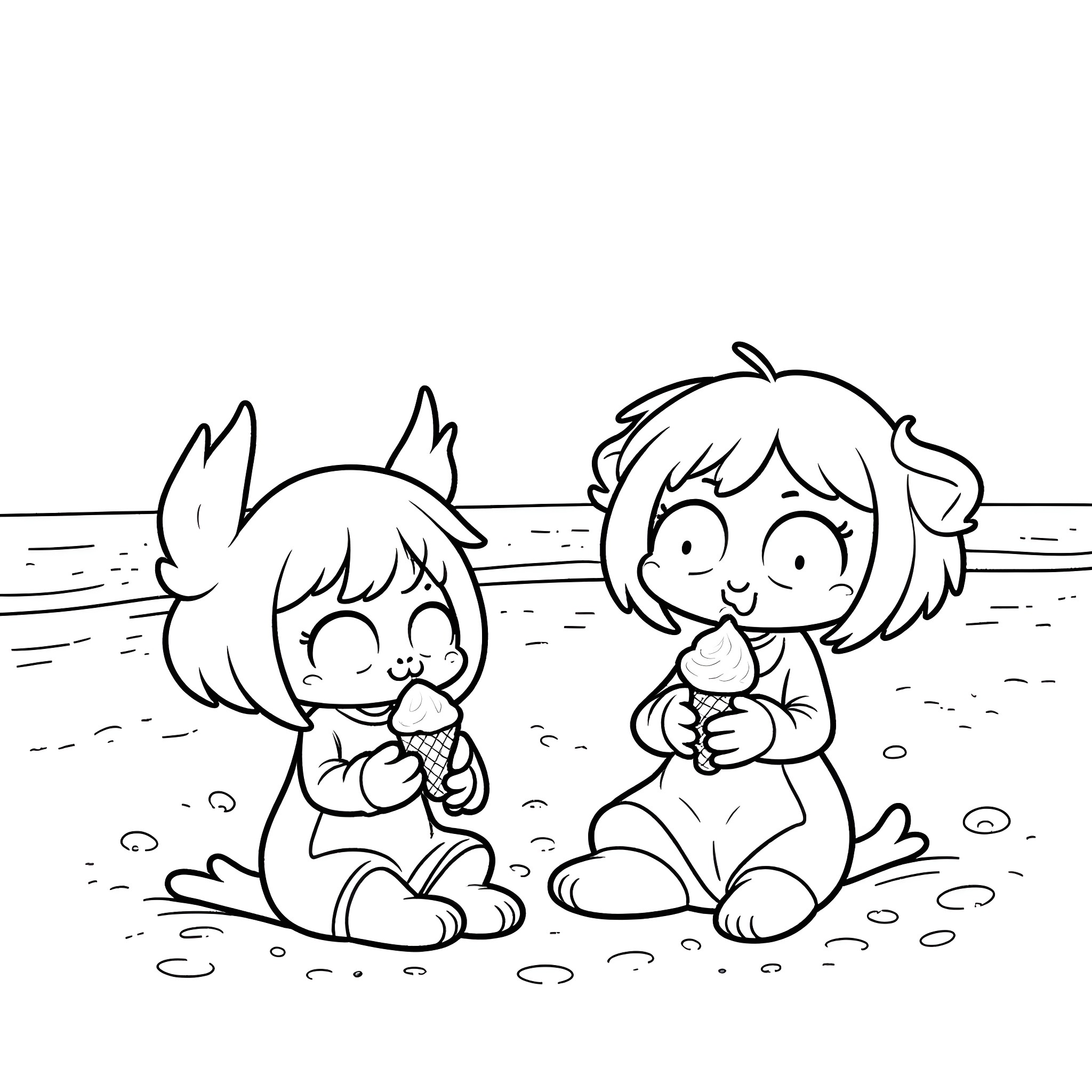 Mandalorian Younglings Playing Happily in the Sand Coloring Page (free black-and-white line drawing printable PDF for all, from beginners to advanced learners, including children, teens, adults, and seniors)