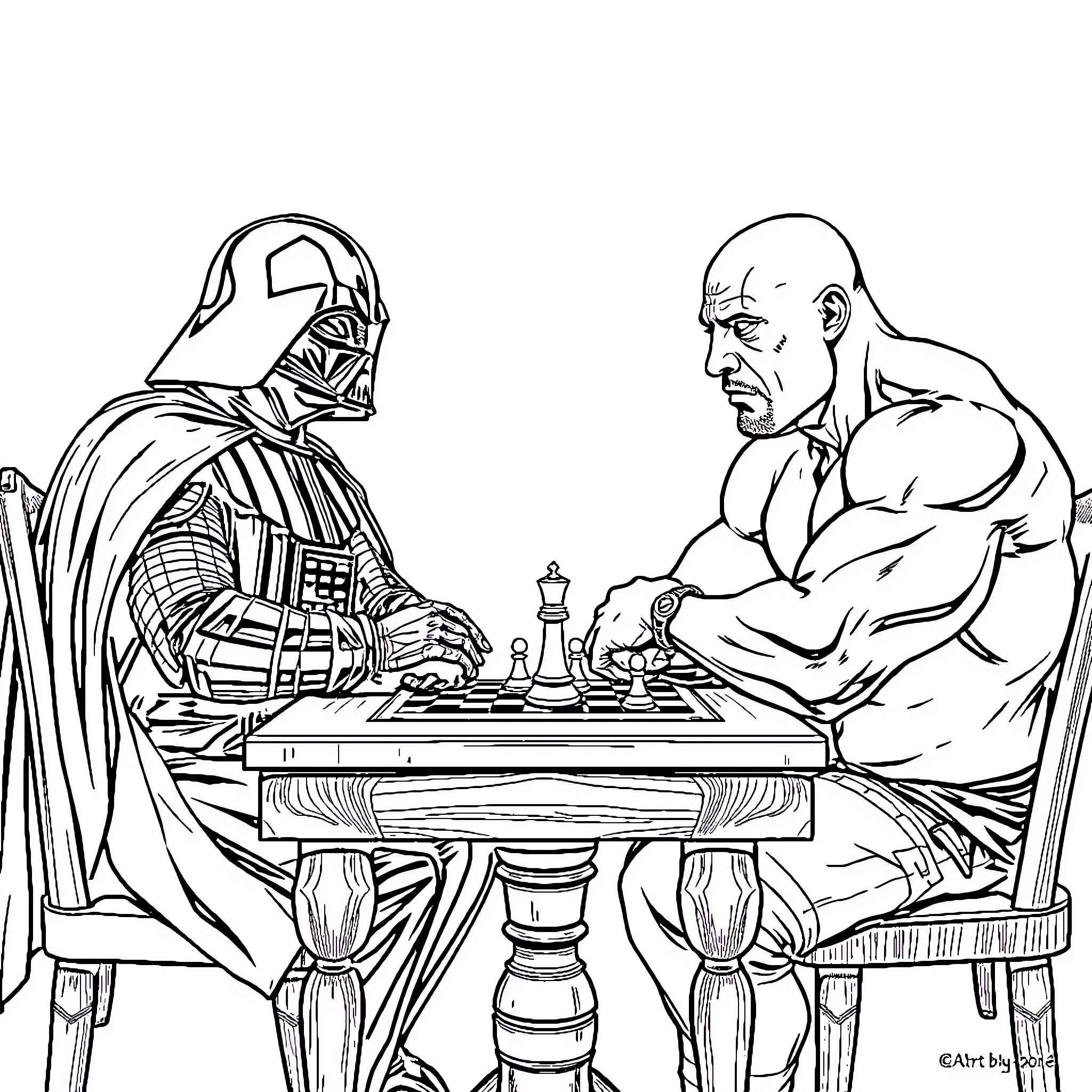 Darth Vader playing chess with a muscular opponent Coloring Page (free black-and-white line drawing printable PDF for all, from beginners to advanced learners, including children, teens, adults, and seniors)