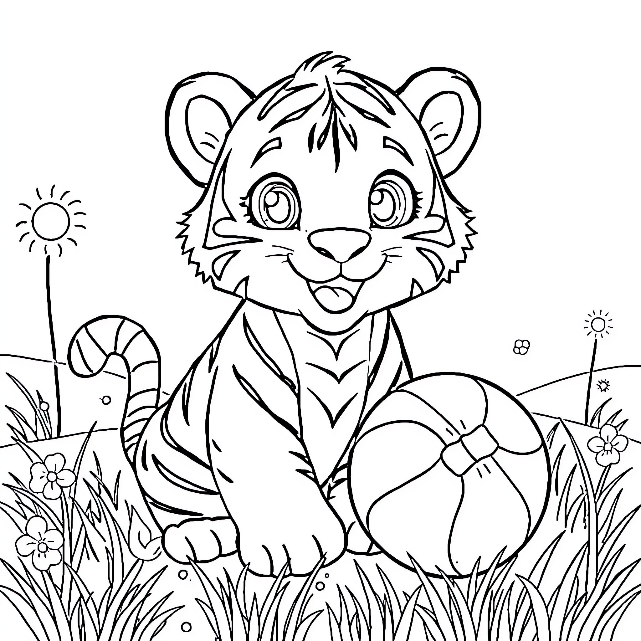 Tiger cub playing joyfully in the wild Coloring Page (free black-and-white line drawing printable PDF for all, from beginners to advanced learners, including children, teens, adults, and seniors)
