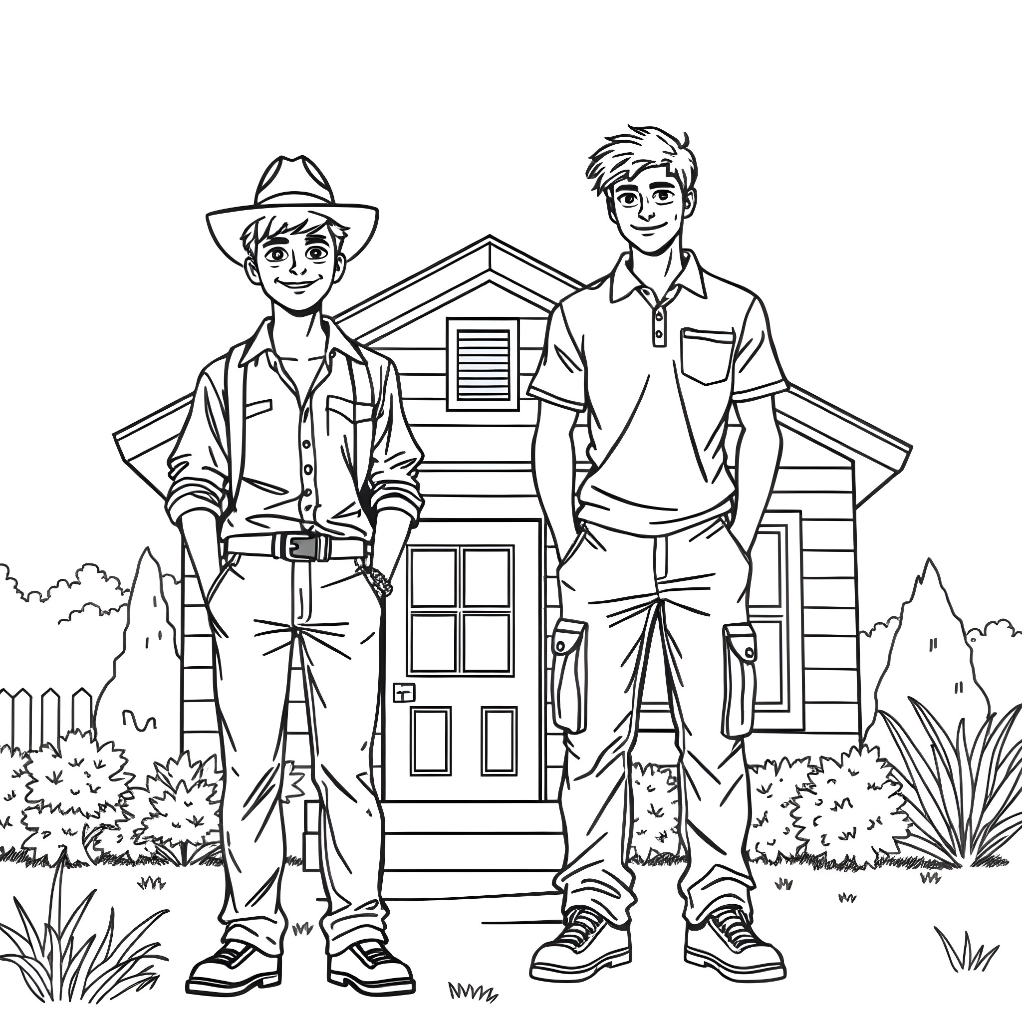 Teen Guys Standing in Front of Country House Coloring Page (free black-and-white line drawing printable PDF for all, from beginners to advanced learners, including children, teens, adults, and seniors)