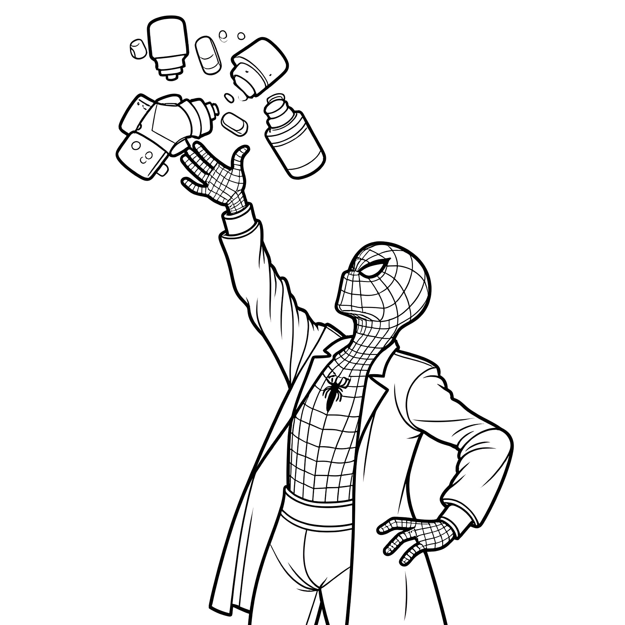 Spiderman using various gadgets and tools Coloring Page (free black-and-white line drawing printable PDF for all, from beginners to advanced learners, including children, teens, adults, and seniors)