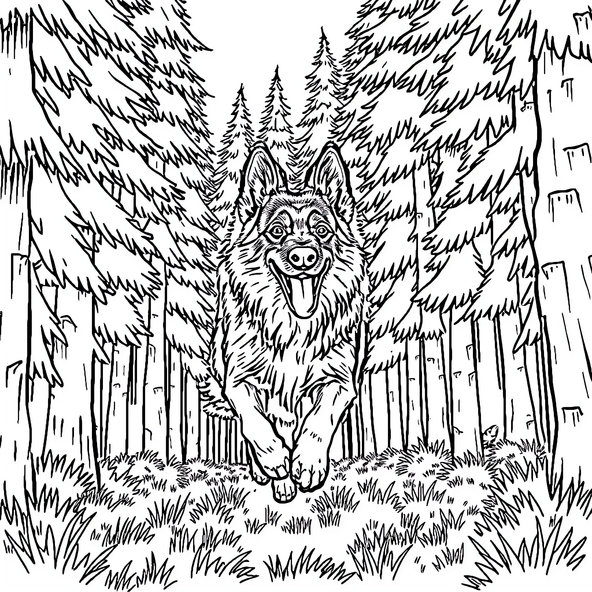 Groenendael wolf running through forest Coloring Page (free black-and-white line drawing printable PDF for all, from beginners to advanced learners, including children, teens, adults, and seniors)