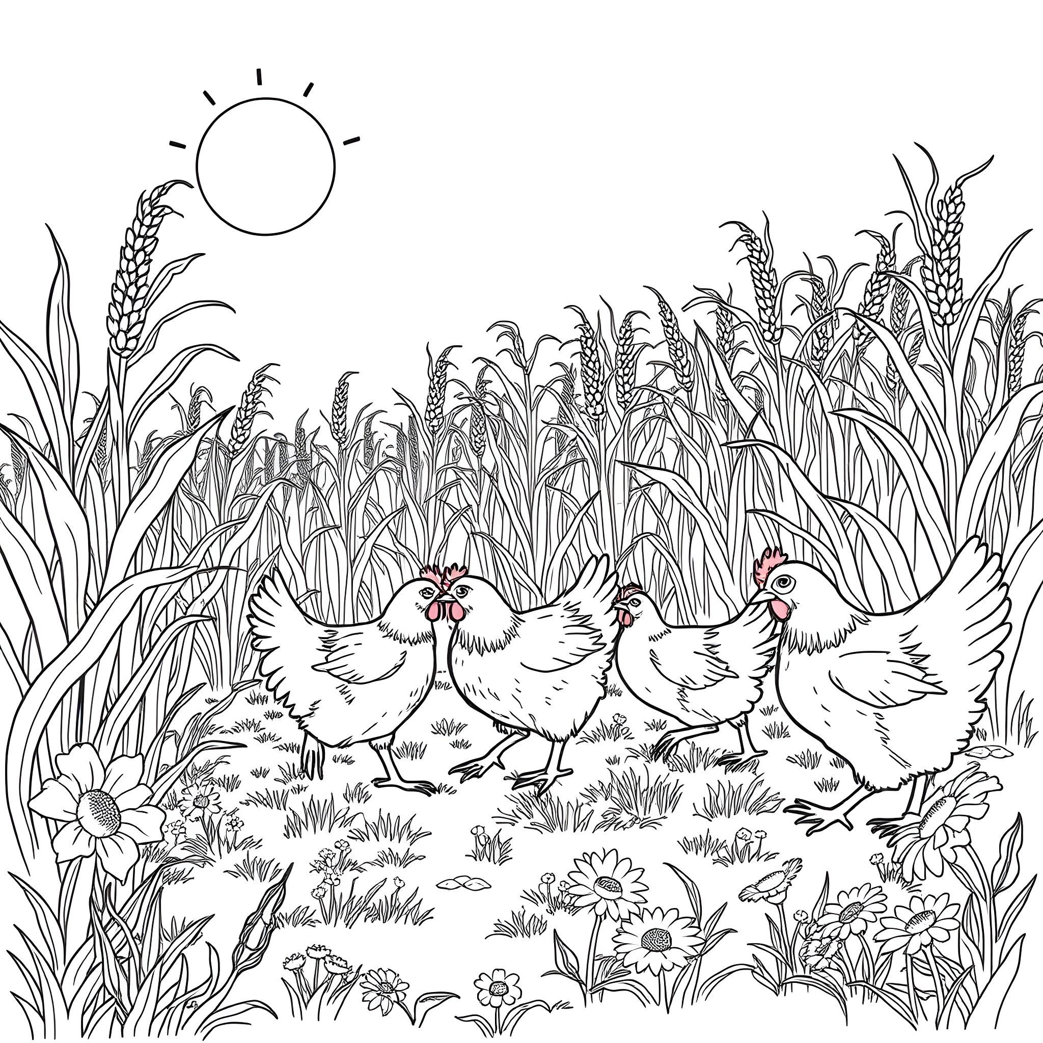 Chicken chicks exploring the sun-filled meadow Coloring Page (free black-and-white line drawing printable PDF for all, from beginners to advanced learners, including children, teens, adults, and seniors)