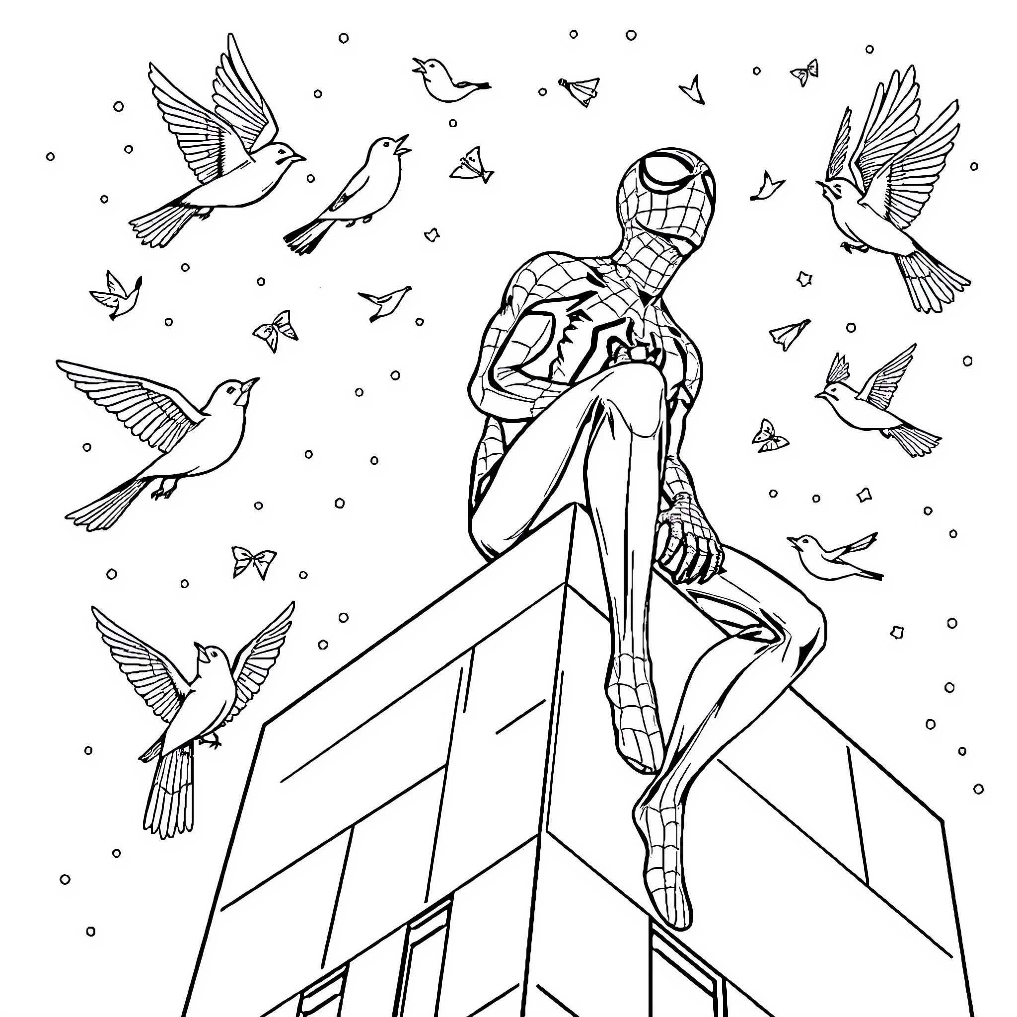 Spiderman swinging through the city with birds Coloring Page (free black-and-white line drawing printable PDF for all, from beginners to advanced learners, including children, teens, adults, and seniors)