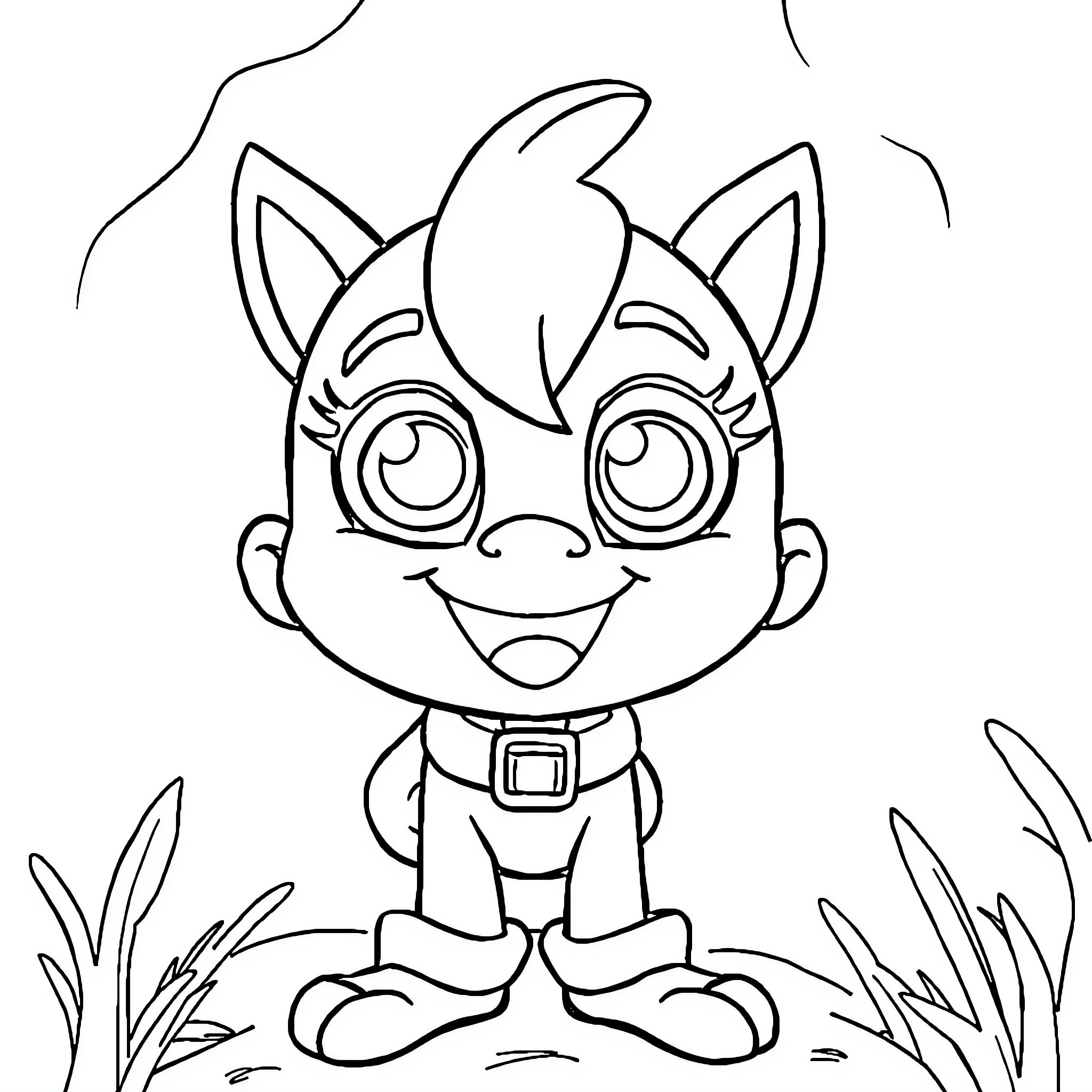 Character smiling with big eyes and ears in nature Coloring Page (free black-and-white line drawing printable PDF for all, from beginners to advanced learners, including children, teens, adults, and seniors)