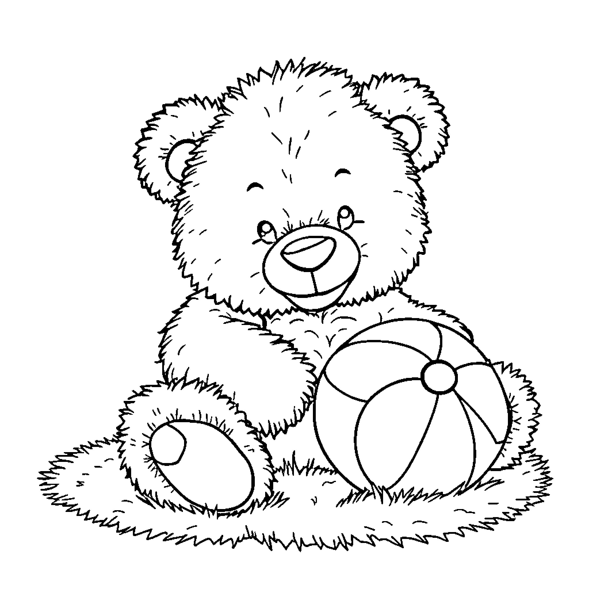 Teddy Bear playing with beach ball Coloring Page (free black-and-white line drawing printable PDF for all, from beginners to advanced learners, including children, teens, adults, and seniors)