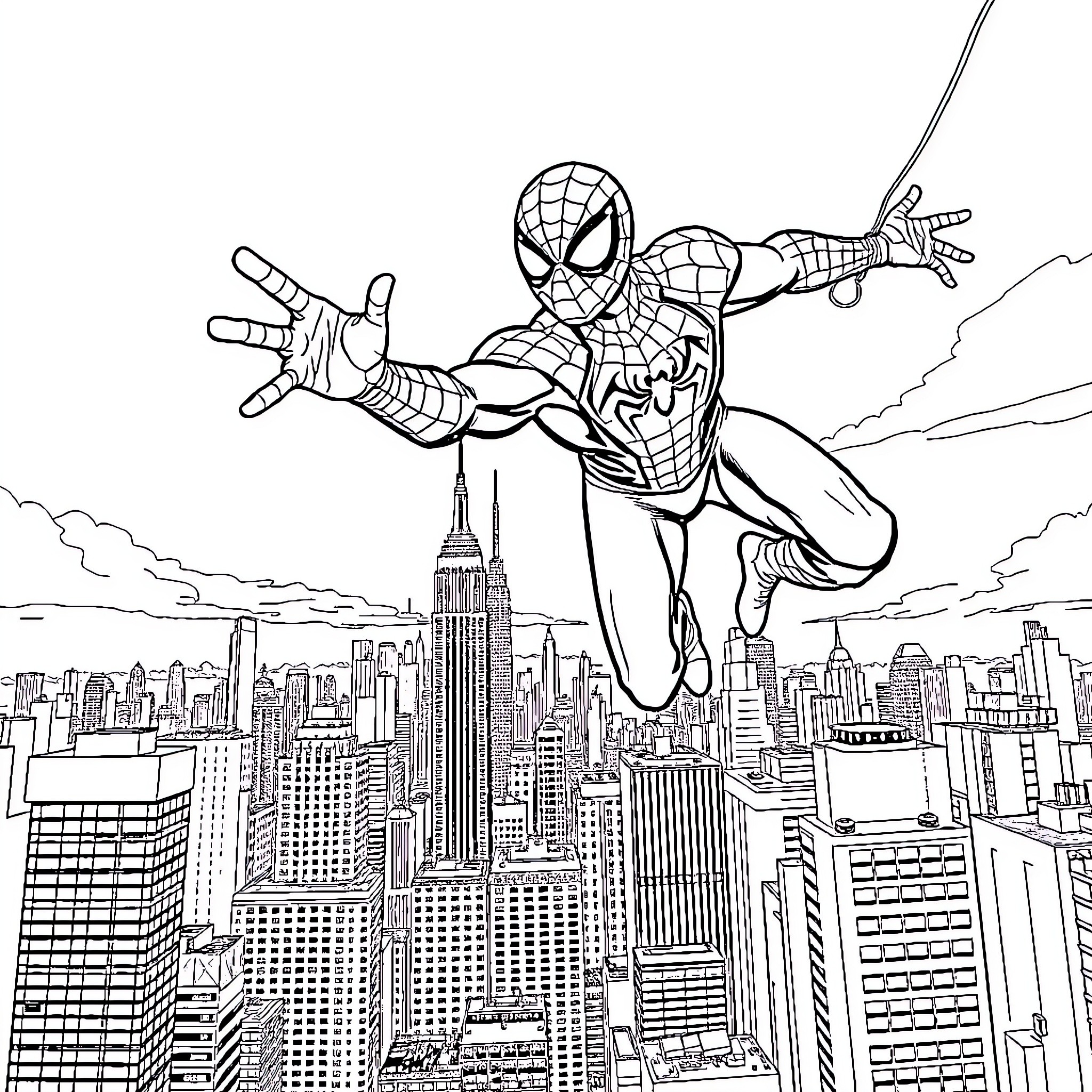 Spiderman swinging above the city skyline Coloring Page (free black-and-white line drawing printable PDF for all, from beginners to advanced learners, including children, teens, adults, and seniors)