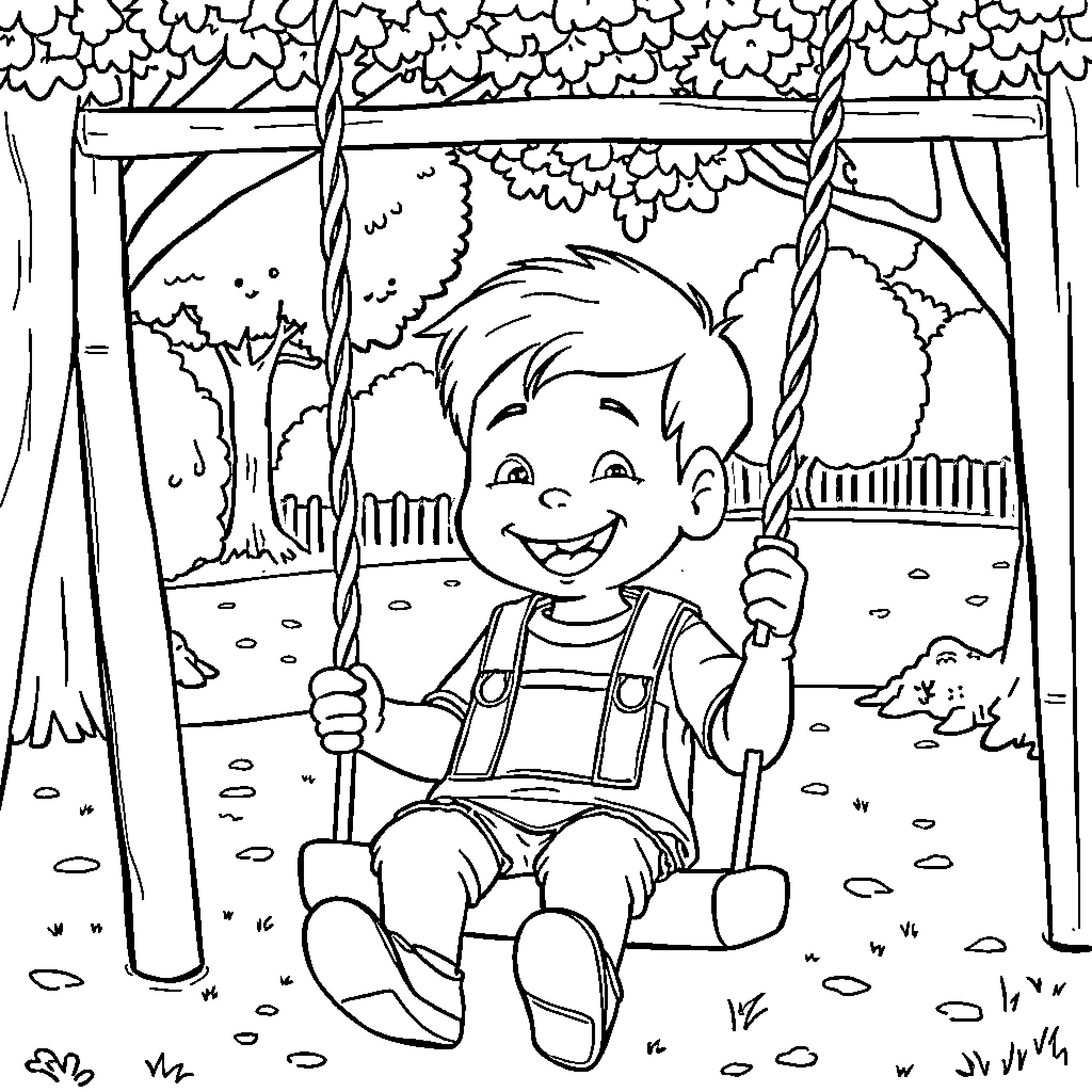 Tom Enjoying a Swing in the Lush Park Coloring Page (free black-and-white line drawing printable PDF for all, from beginners to advanced learners, including children, teens, adults, and seniors)