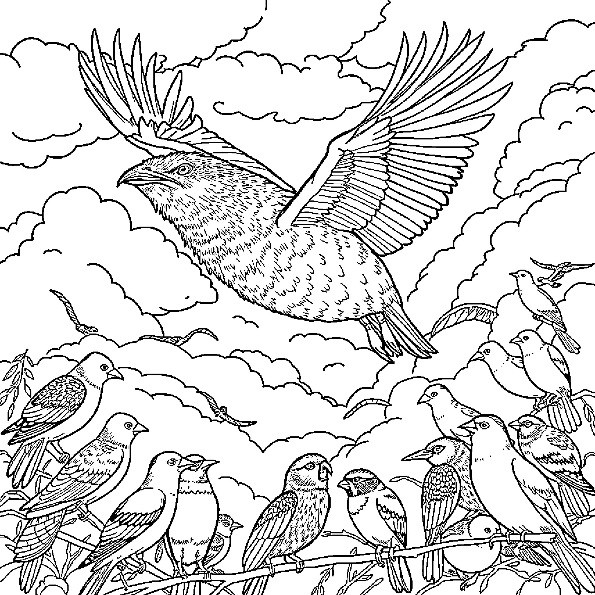 Capybara soaring through the cloudy sky with birds Coloring Page (free black-and-white line drawing printable PDF for all, from beginners to advanced learners, including children, teens, adults, and seniors)