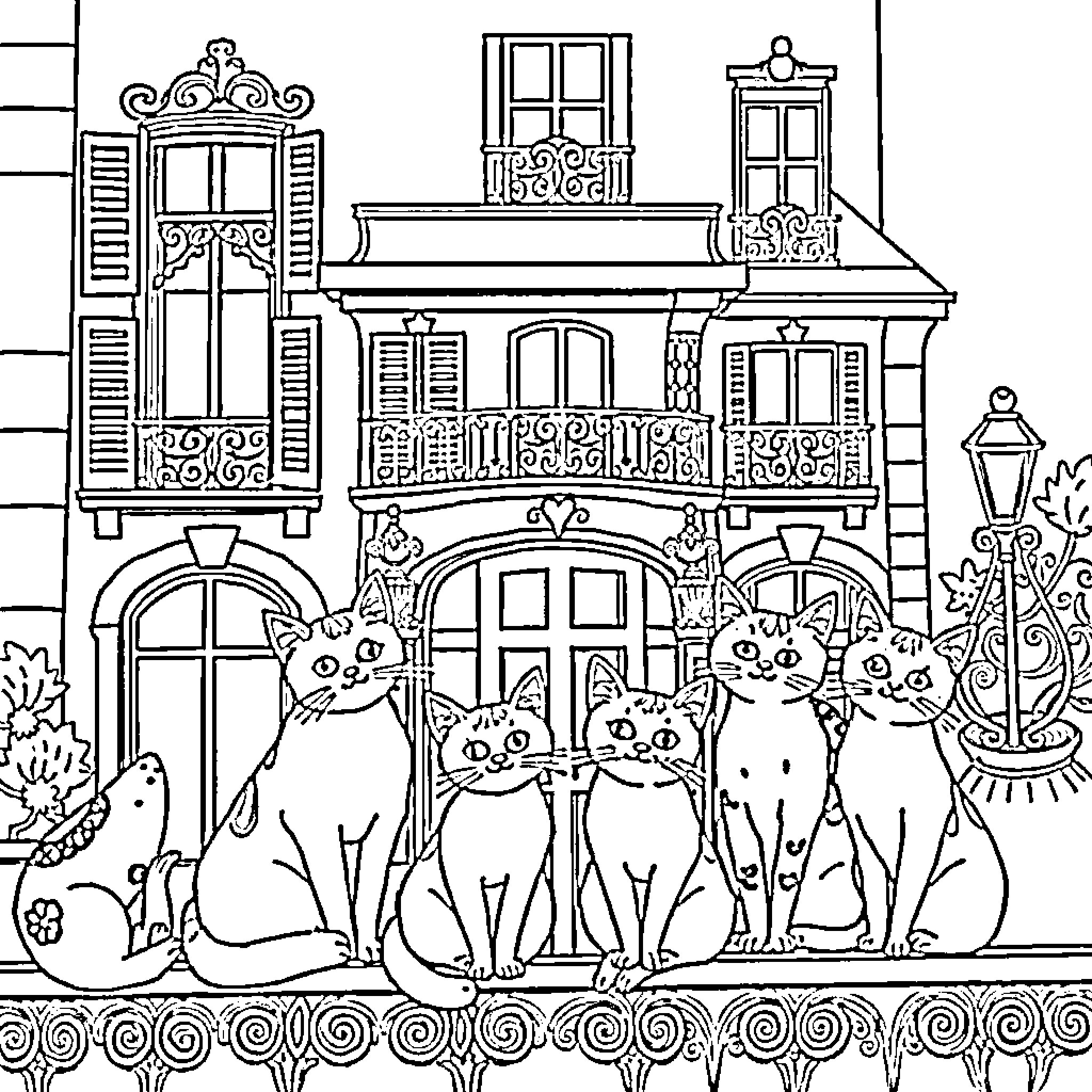 Aristocats: Feline Residents of a Whimsical House Coloring Page (free black-and-white line drawing printable PDF for all, from beginners to advanced learners, including children, teens, adults, and seniors)