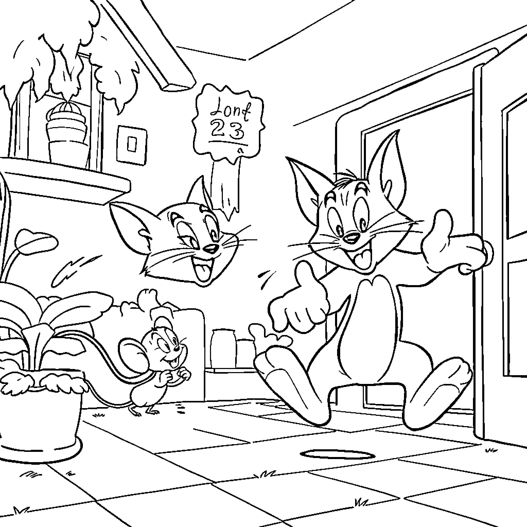 Tom & Jerry's Mischievous Adventures in the House Coloring Page (free black-and-white line drawing printable PDF for all, from beginners to advanced learners, including children, teens, adults, and seniors)