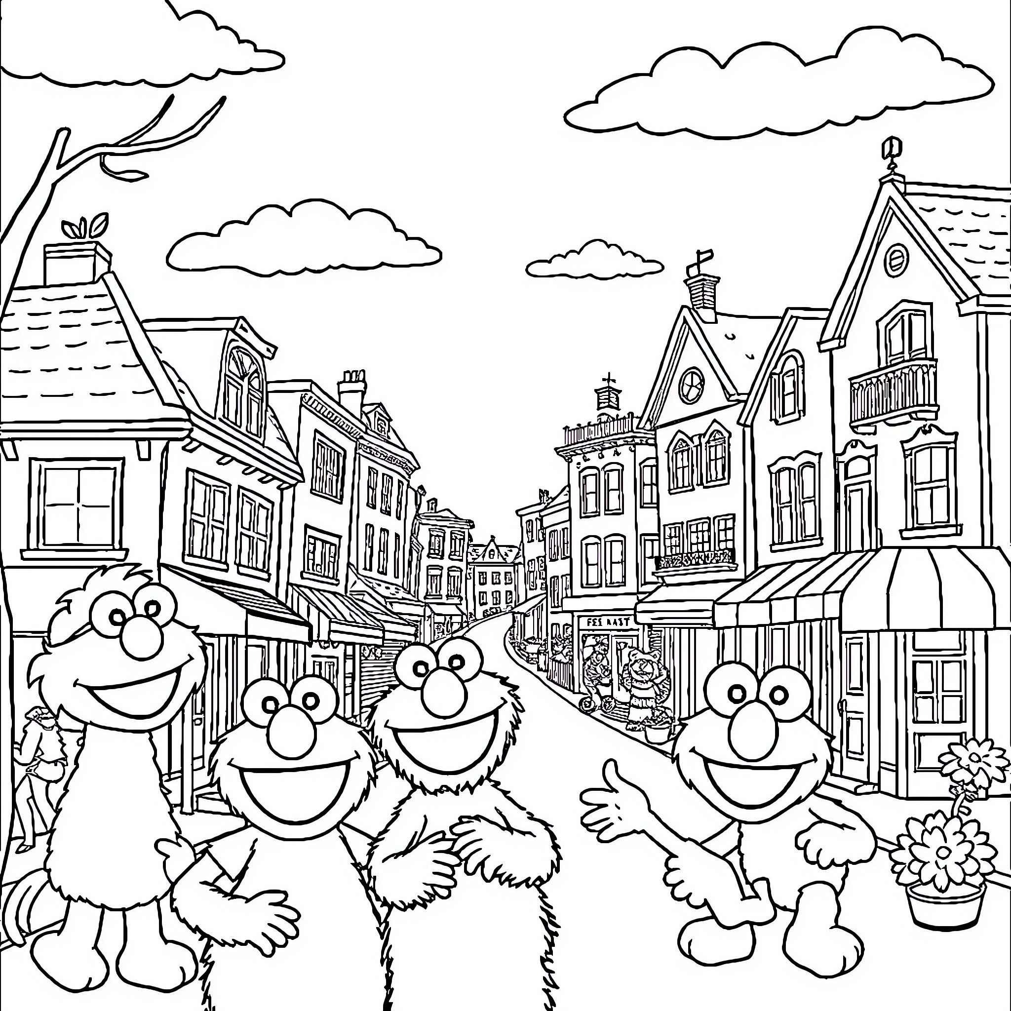 Sesame Street characters in a town setting Coloring Page (free black-and-white line drawing printable PDF for all, from beginners to advanced learners, including children, teens, adults, and seniors)