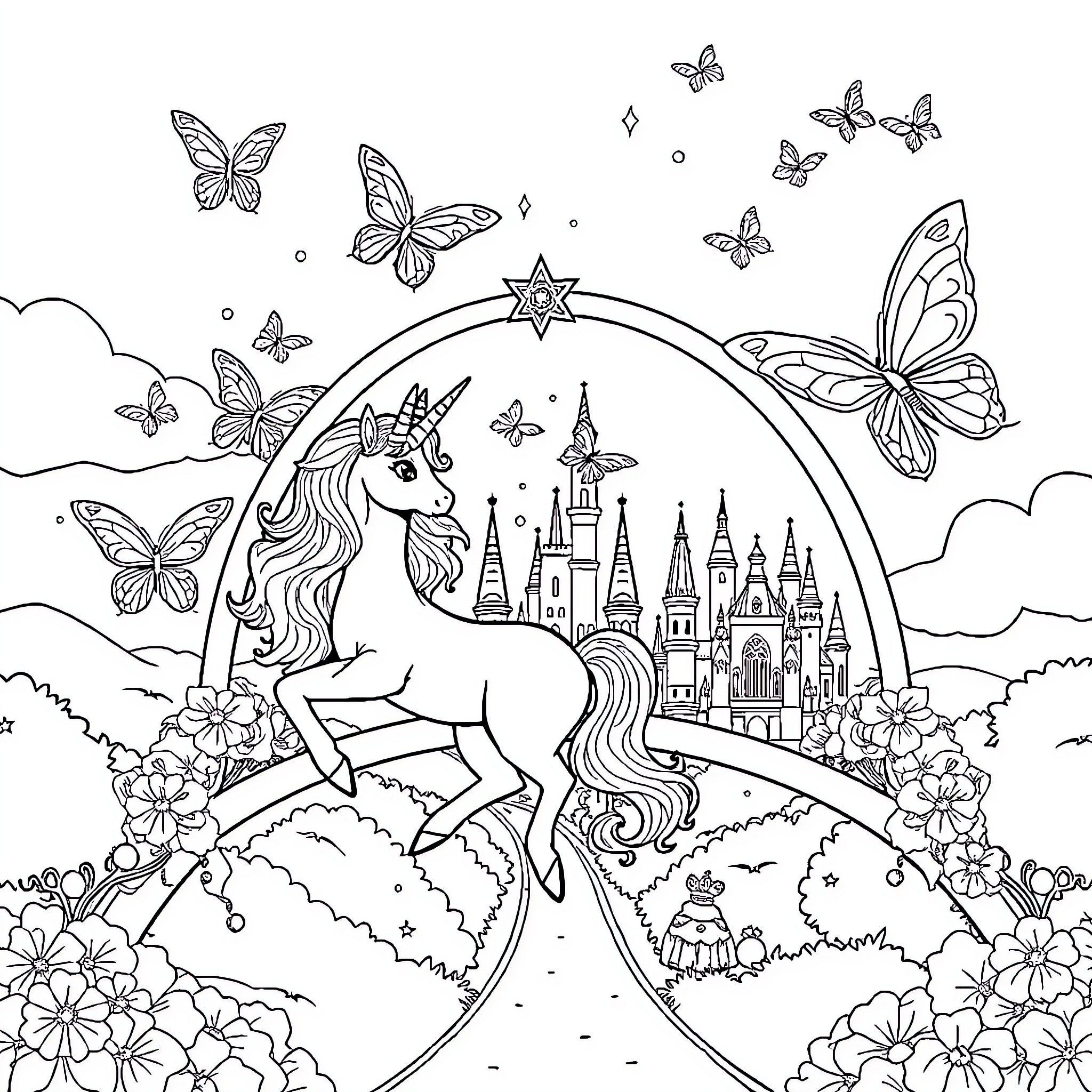 Unicorn with majestic castle and enchanting butterflies Coloring Page (free black-and-white line drawing printable PDF for all, from beginners to advanced learners, including children, teens, adults, and seniors)