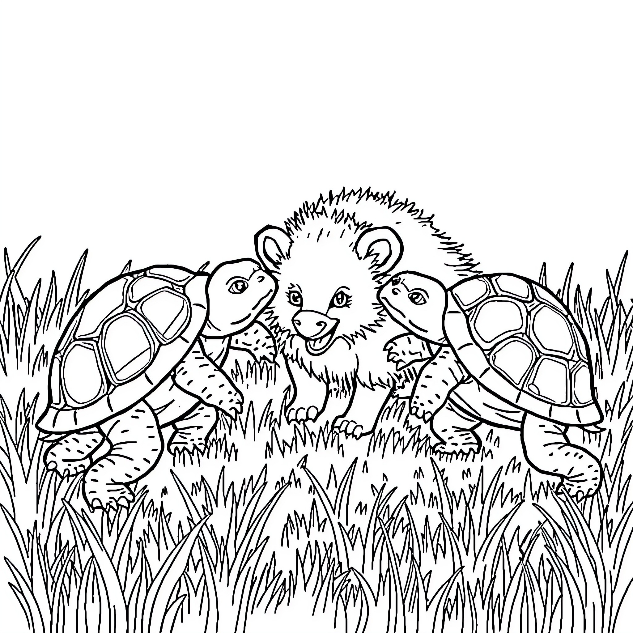 Turtle family exploring the grassy meadow Coloring Page (free black-and-white line drawing printable PDF for all, from beginners to advanced learners, including children, teens, adults, and seniors)