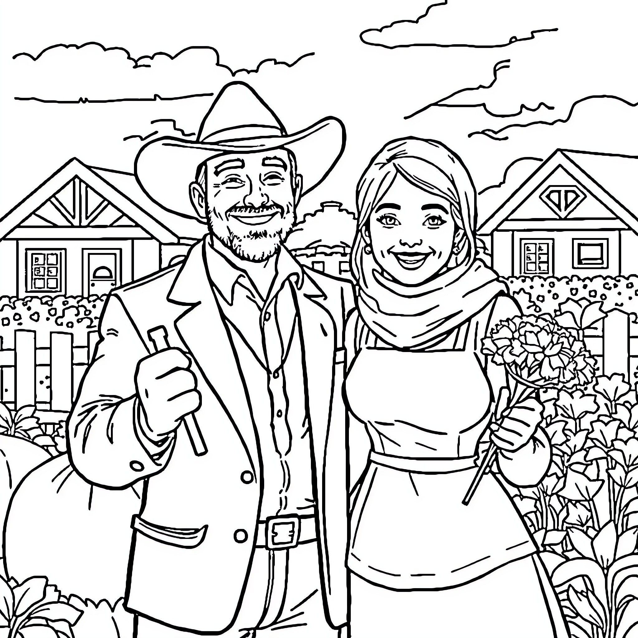 Farmer couple posing proudly in front of their home Coloring Page (free black-and-white line drawing printable PDF for all, from beginners to advanced learners, including children, teens, adults, and seniors)