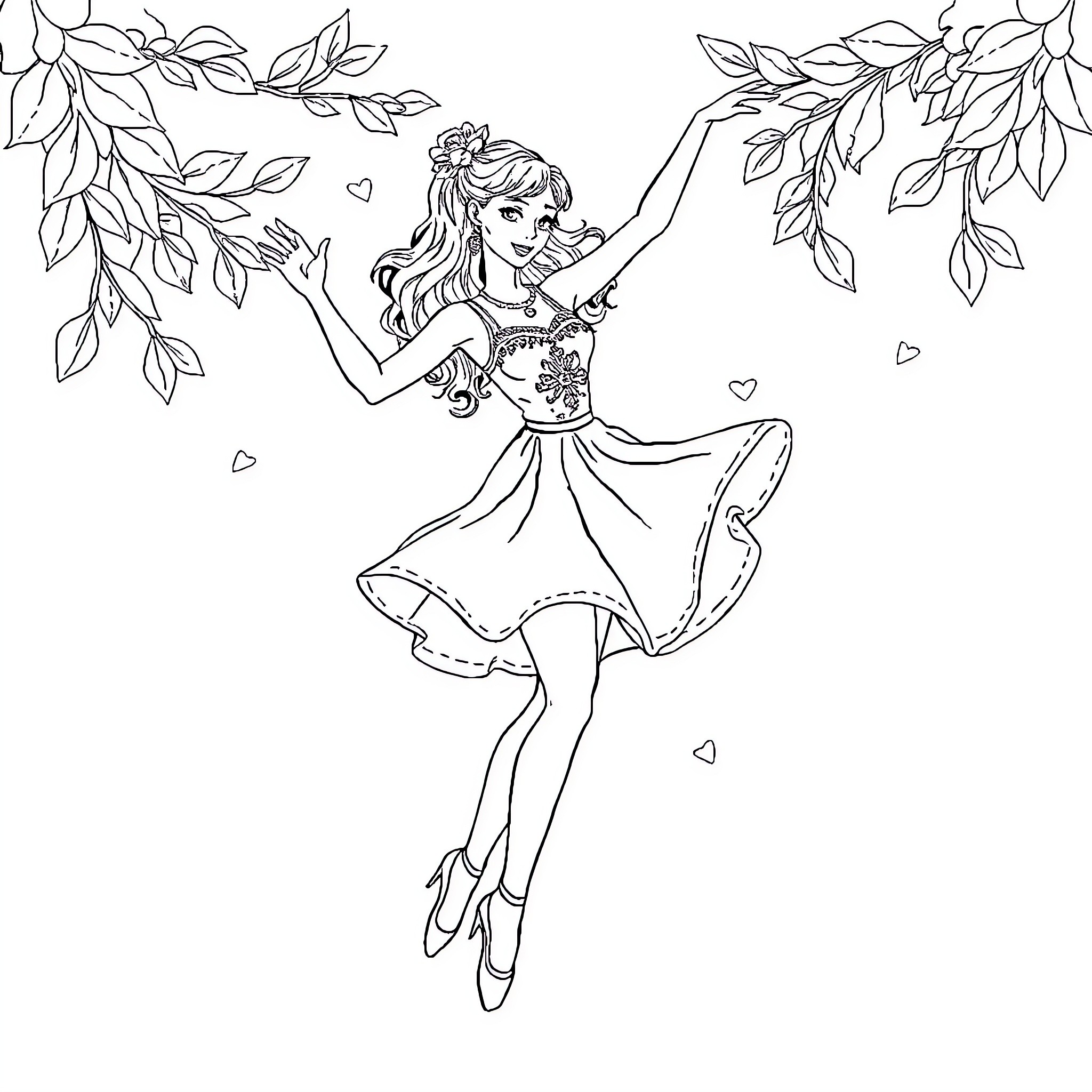 Bailarina dancing gracefully in the forest Coloring Page (free black-and-white line drawing printable PDF for all, from beginners to advanced learners, including children, teens, adults, and seniors)