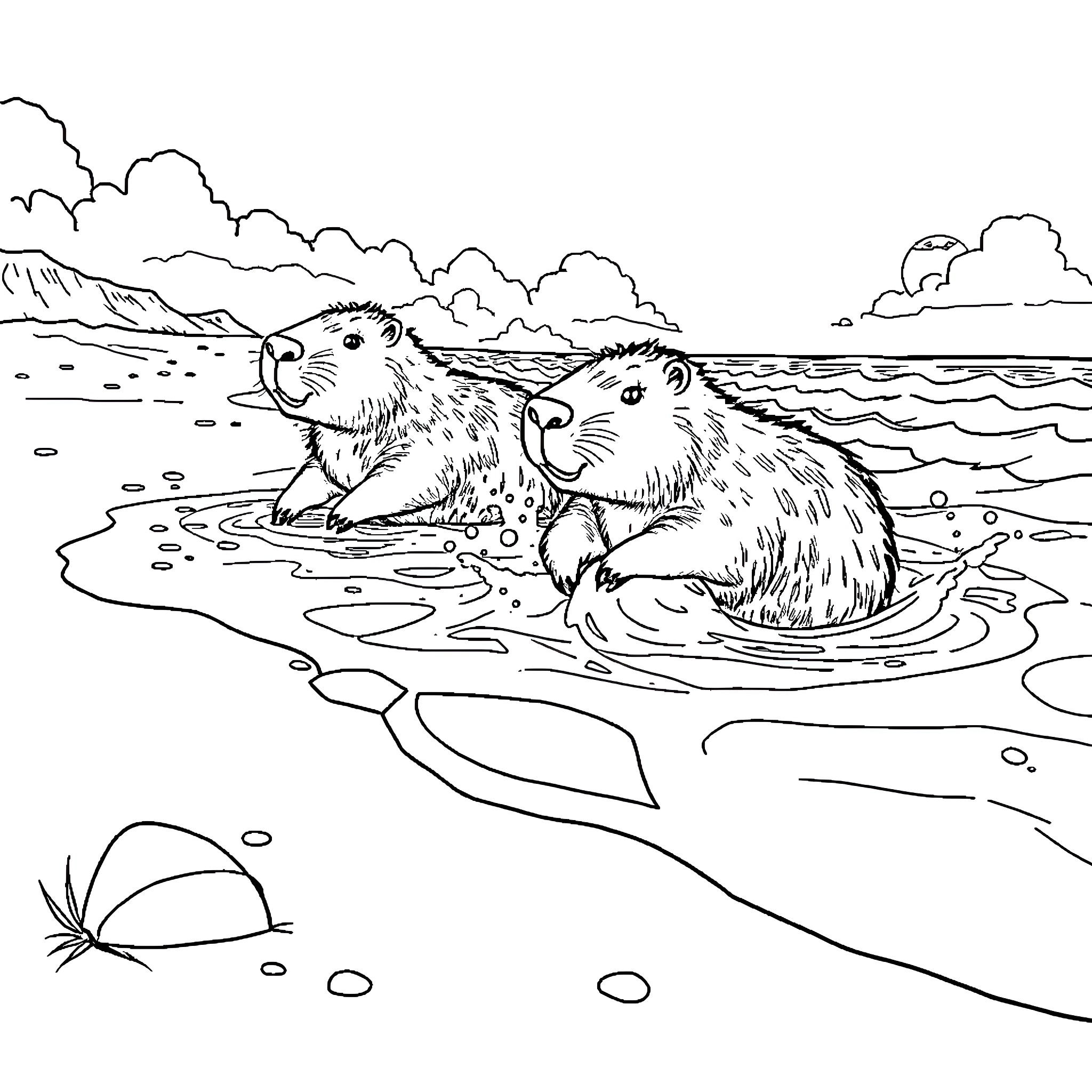 Capybara enjoying a relaxing swim in the lake Coloring Page (free black-and-white line drawing printable PDF for all, from beginners to advanced learners, including children, teens, adults, and seniors)