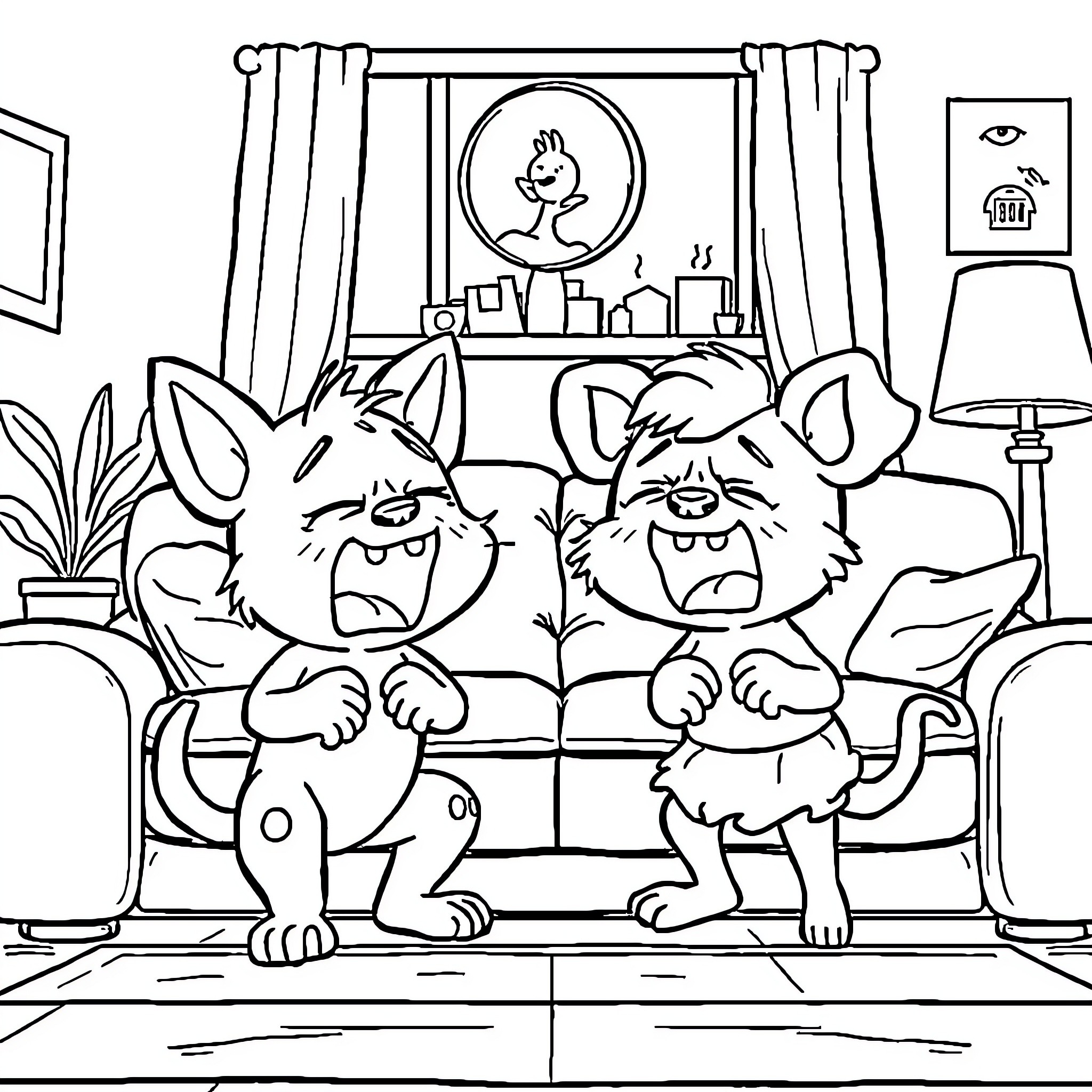 Bluey and Bingo Relaxing at Home Coloring Page (free black-and-white line drawing printable PDF for all, from beginners to advanced learners, including children, teens, adults, and seniors)