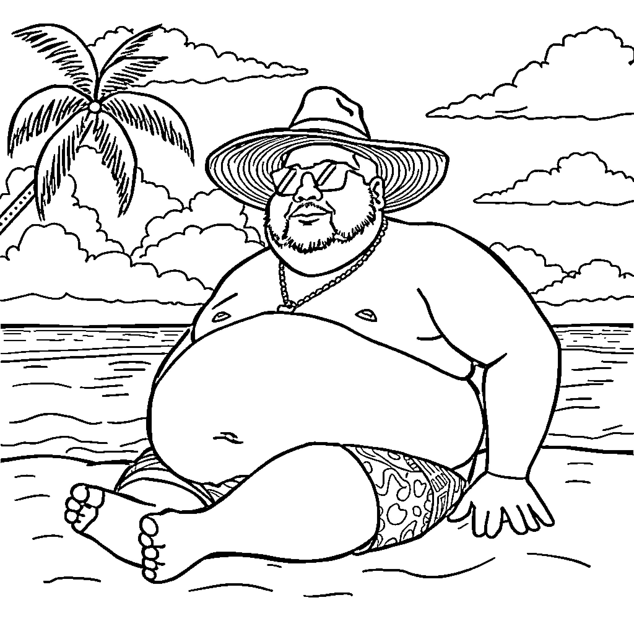 Man relaxing on the beach under palm trees Coloring Page (free black-and-white line drawing printable PDF for all, from beginners to advanced learners, including children, teens, adults, and seniors)