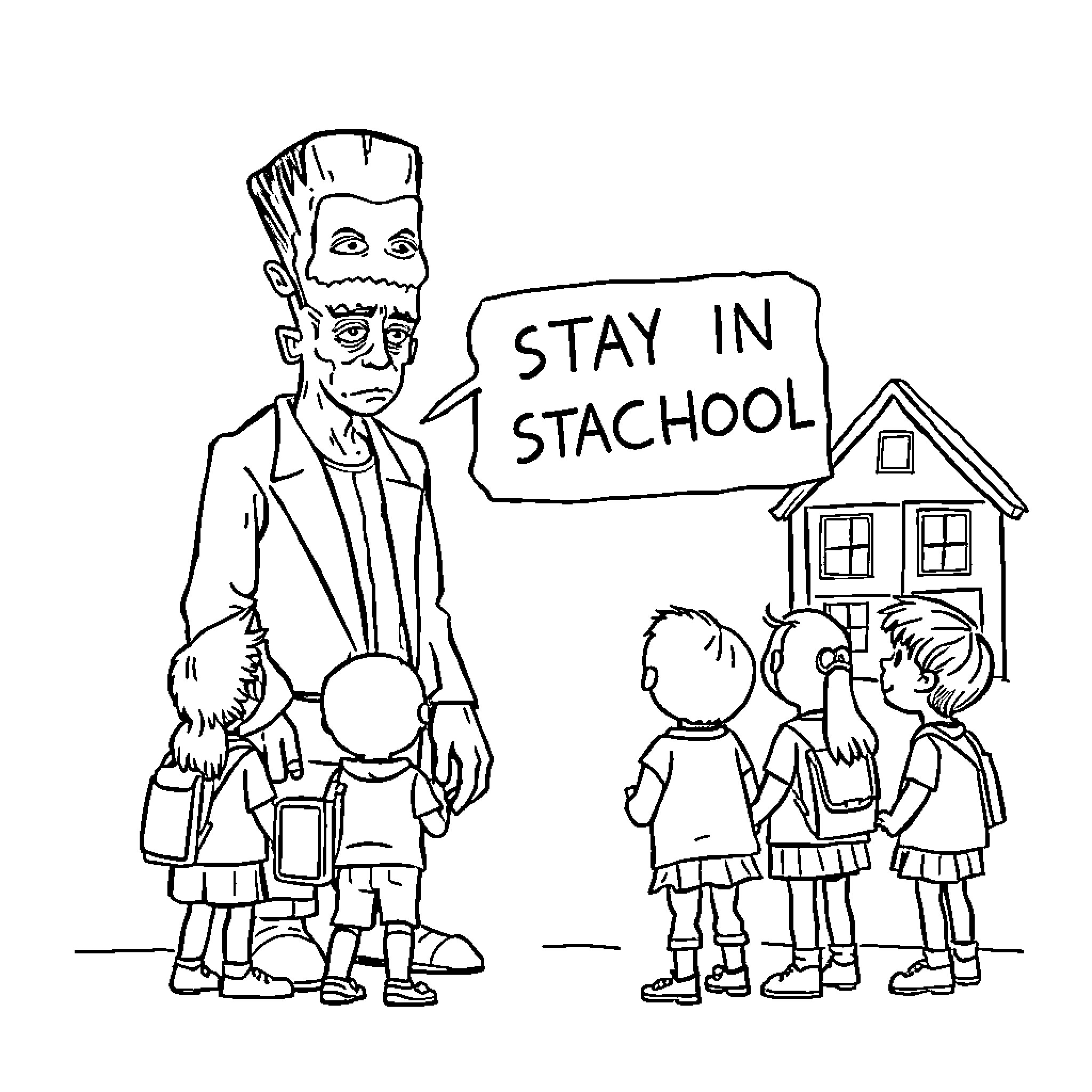 Frankenstein character advising children to stay in stachool Coloring Page (free black-and-white line drawing printable PDF for all, from beginners to advanced learners, including children, teens, adults, and seniors)
