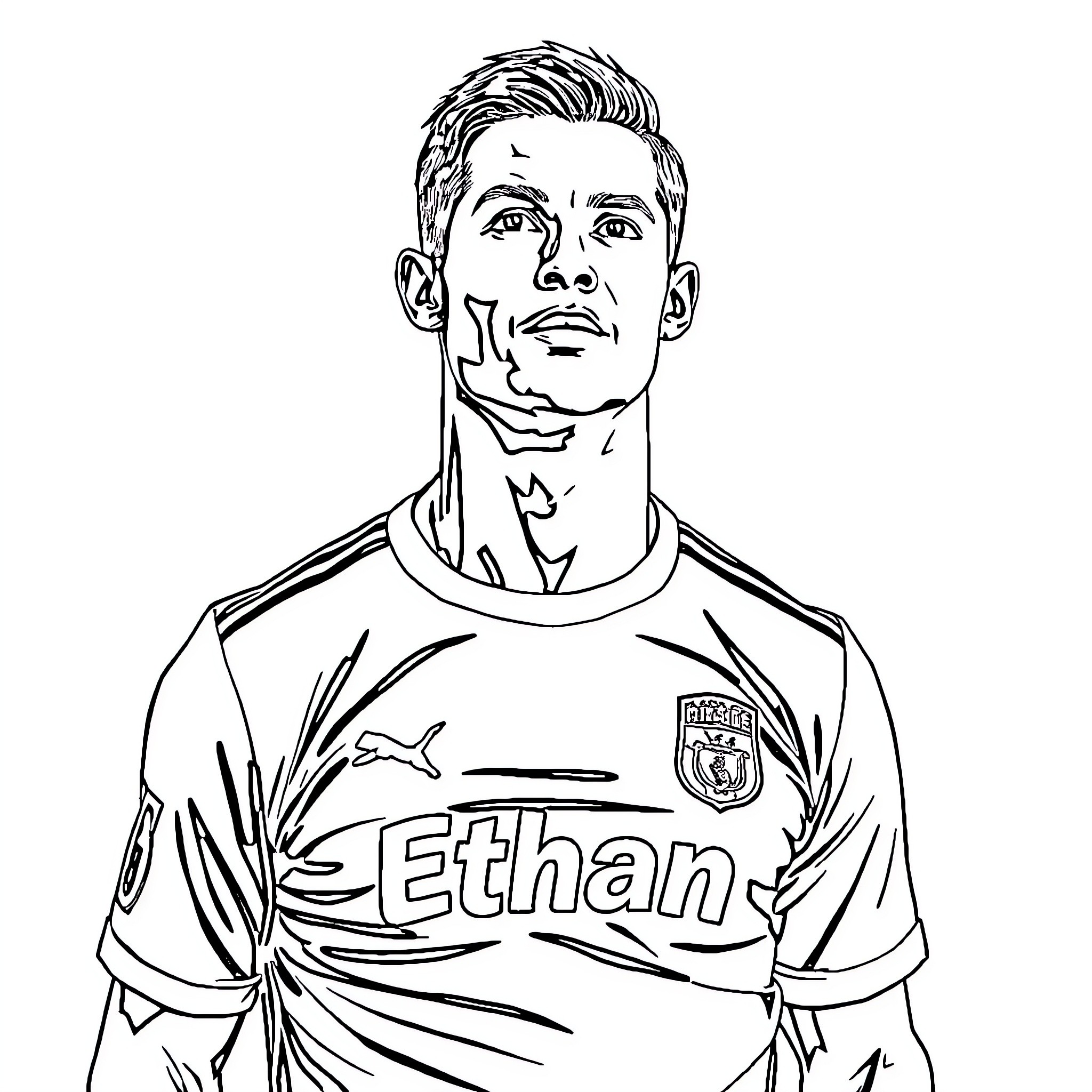 Cristiano Ronaldo in uniform posing confidently Coloring Page (free black-and-white line drawing printable PDF for all, from beginners to advanced learners, including children, teens, adults, and seniors)