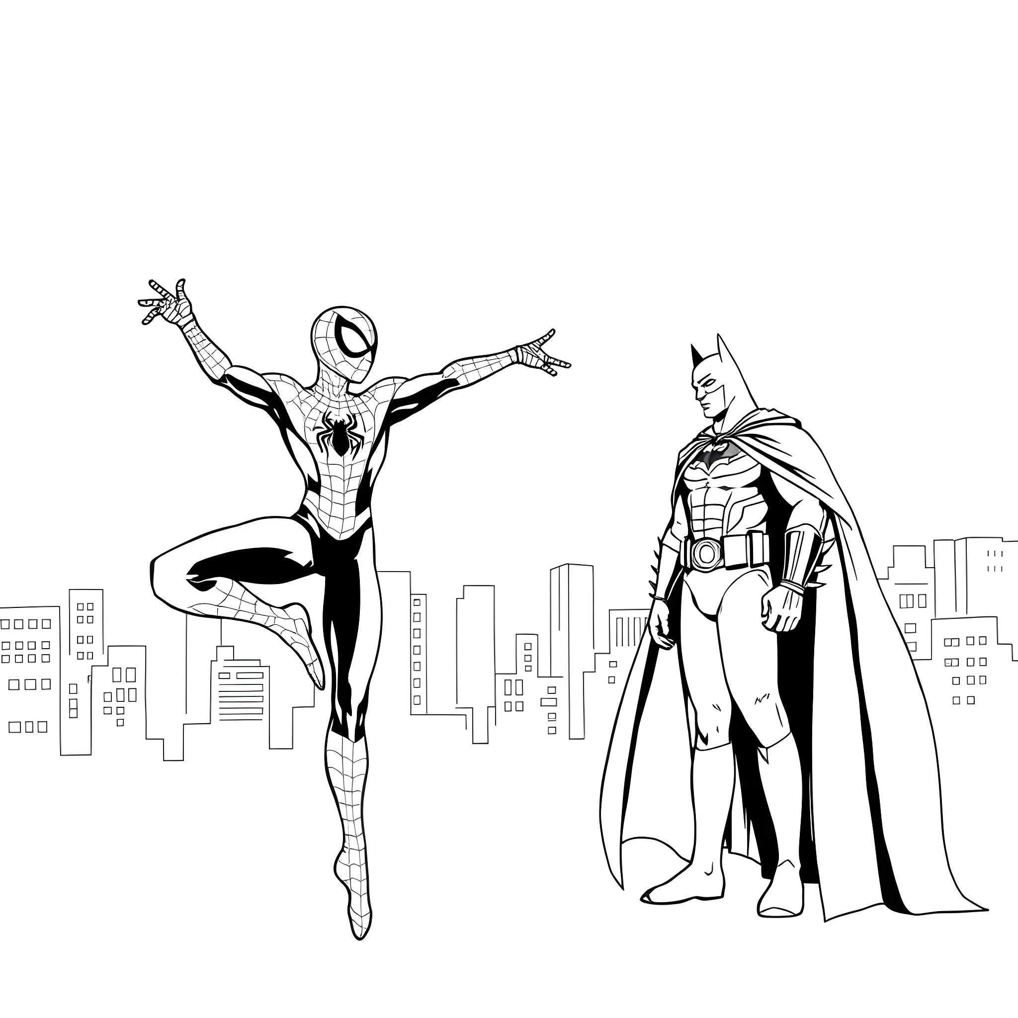 Spiderman and Batman face off in the city Coloring Page (free black-and-white line drawing printable PDF for all, from beginners to advanced learners, including children, teens, adults, and seniors)