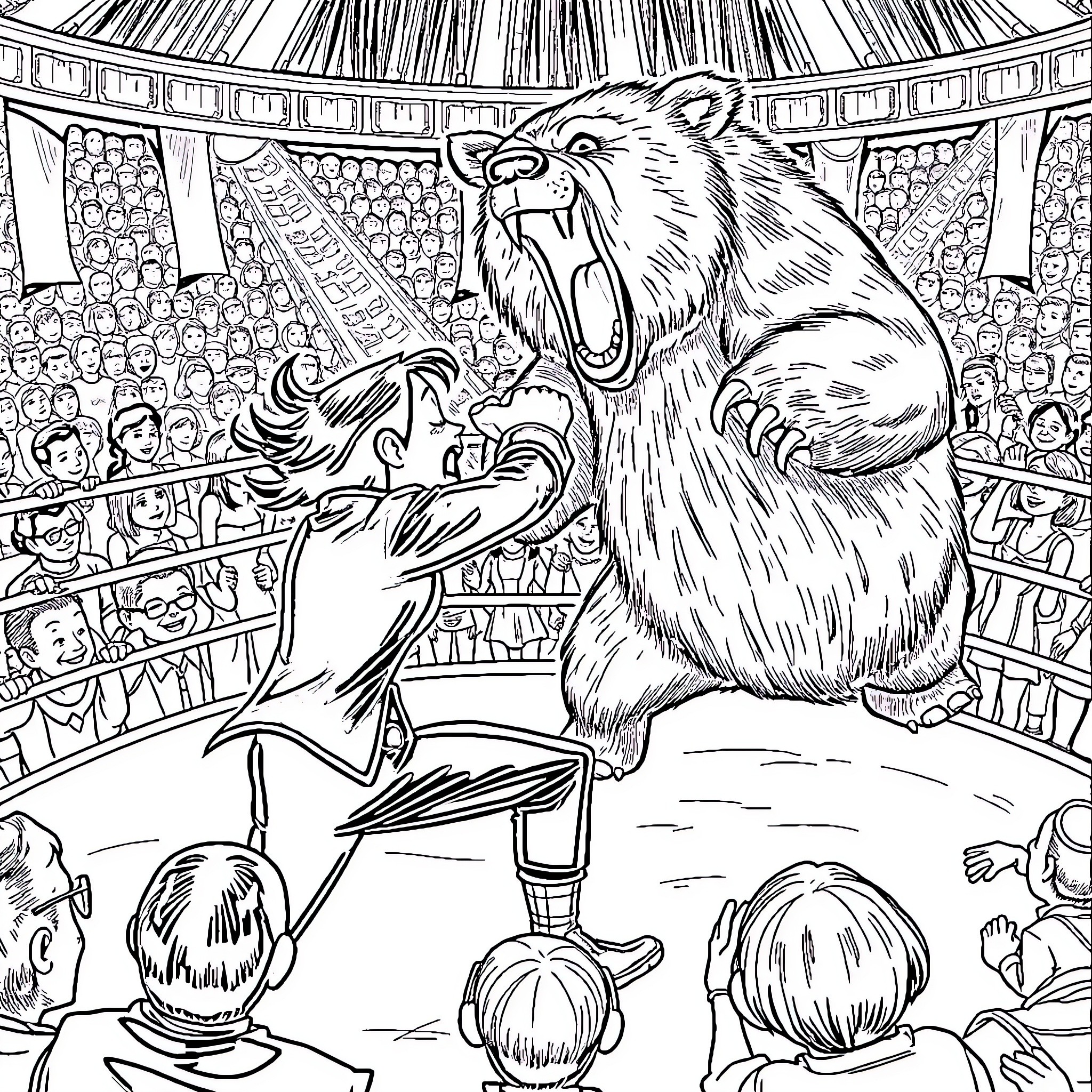 Wednesday Addams confronting a ferocious bear in a circus Coloring Page (free black-and-white line drawing printable PDF for all, from beginners to advanced learners, including children, teens, adults, and seniors)