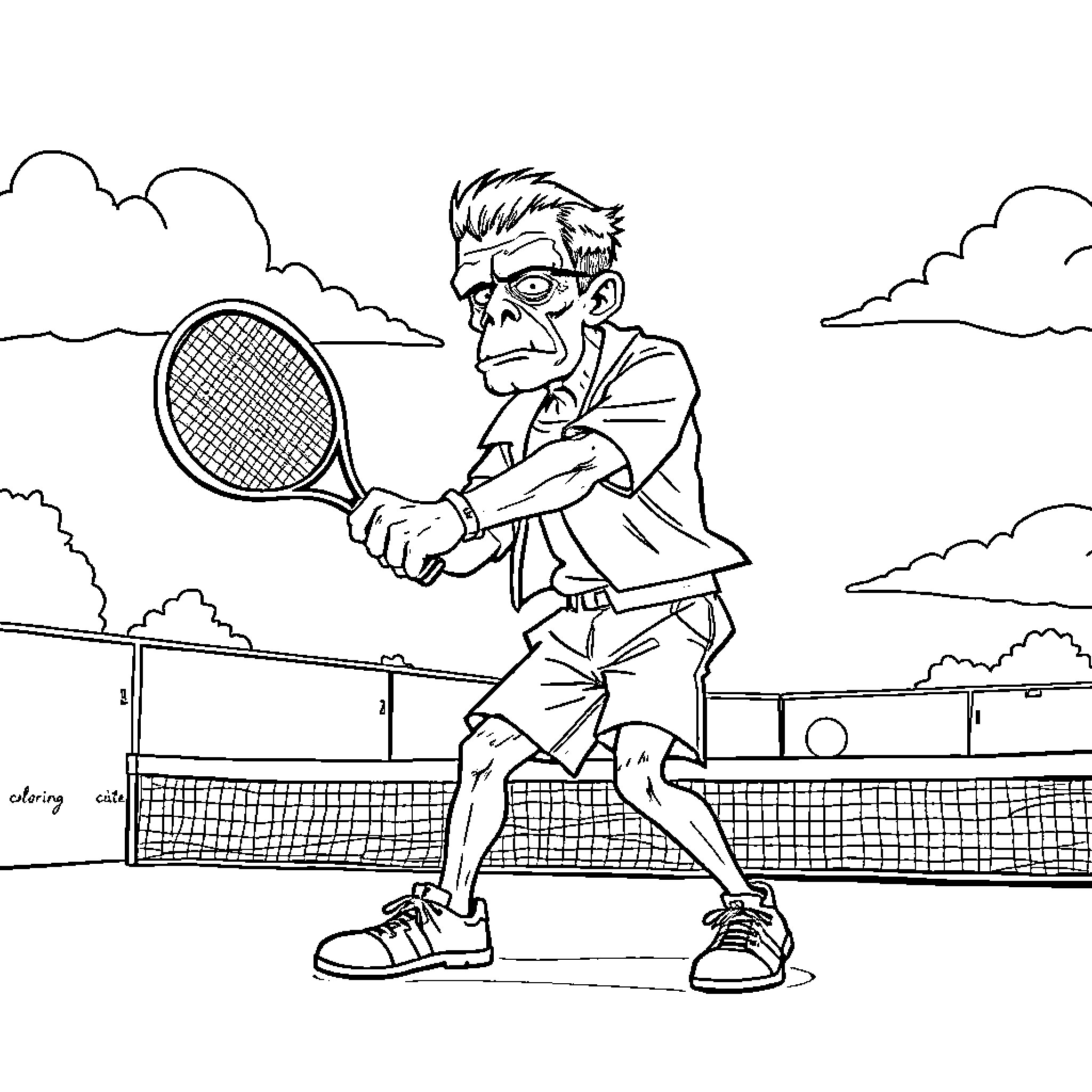 Frankenstein playing tennis on the court Coloring Page (free black-and-white line drawing printable PDF for all, from beginners to advanced learners, including children, teens, adults, and seniors)