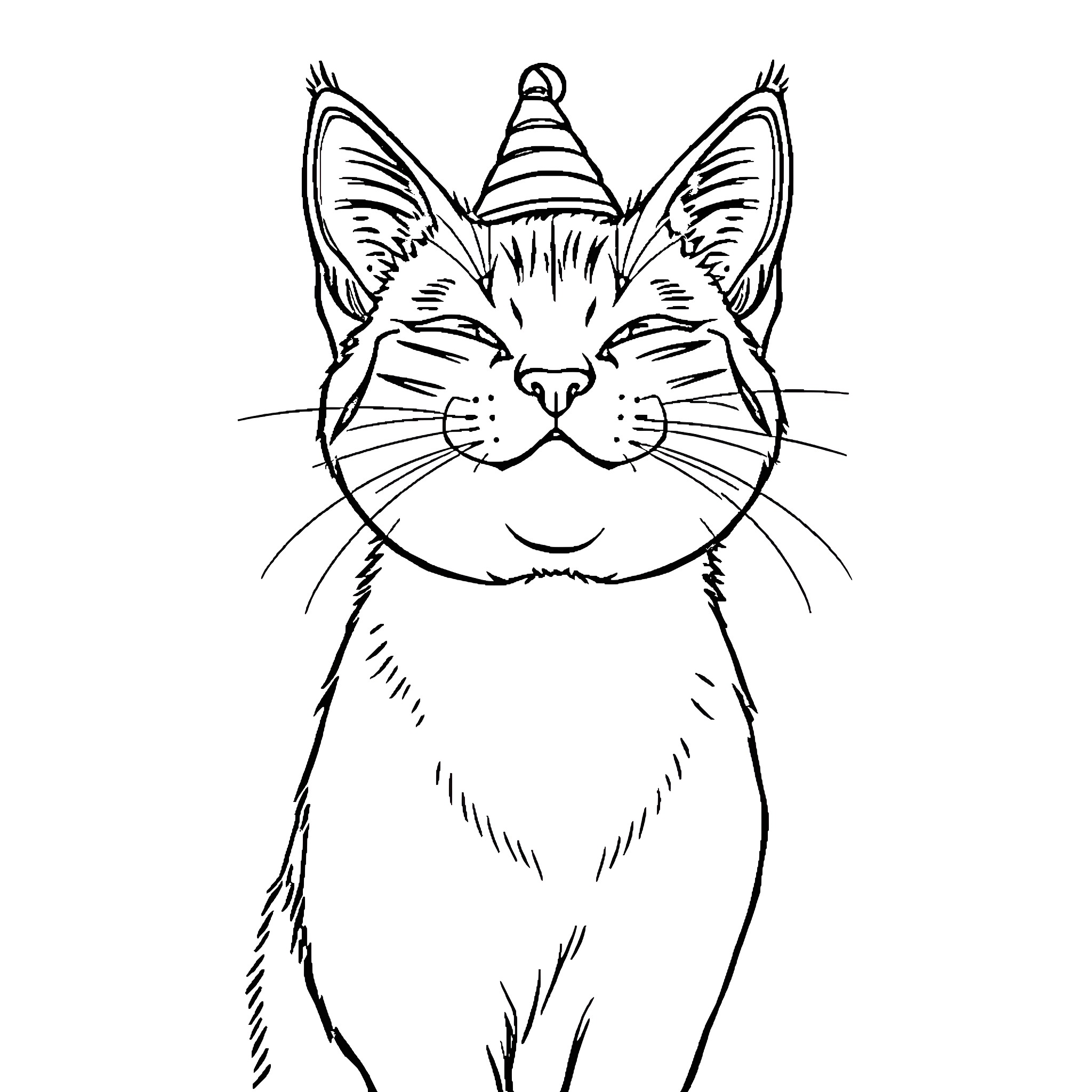Cat wearing a party hat and looking content Coloring Page (free black-and-white line drawing printable PDF for all, from beginners to advanced learners, including children, teens, adults, and seniors)