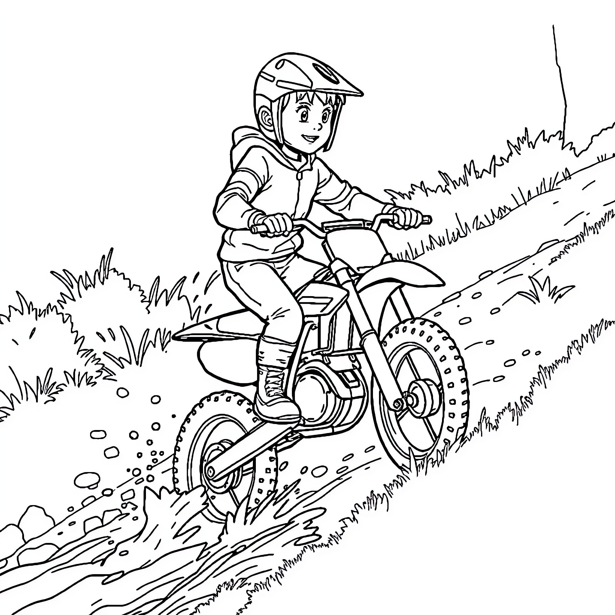 Boy riding a dirt bike on rugged terrain Coloring Page (free black-and-white line drawing printable PDF for all, from beginners to advanced learners, including children, teens, adults, and seniors)