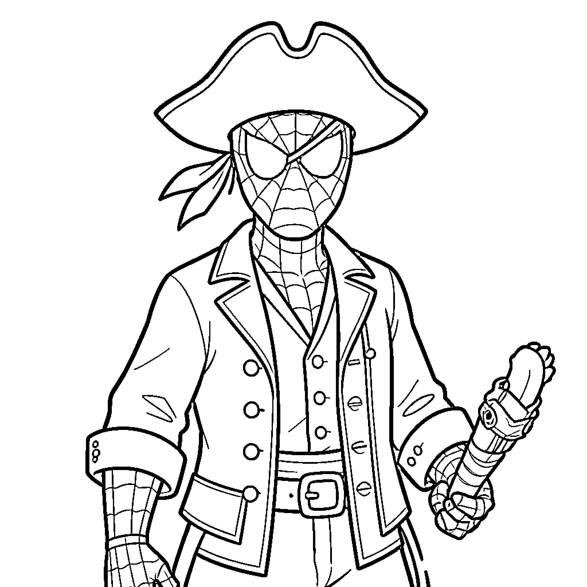 Spiderman as a Pirate Captain Coloring Page (free black-and-white line drawing printable PDF for all, from beginners to advanced learners, including children, teens, adults, and seniors)