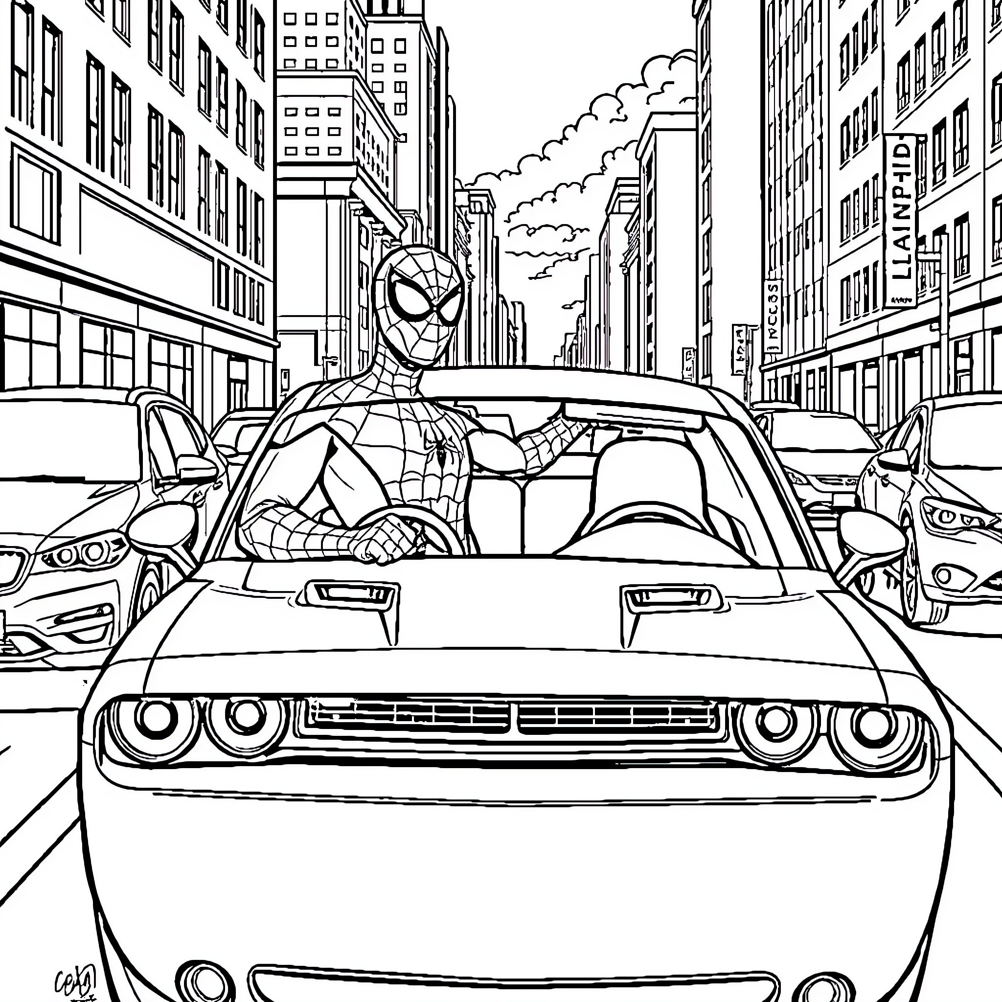 Spiderman swinging through the city streets Coloring Page (free black-and-white line drawing printable PDF for all, from beginners to advanced learners, including children, teens, adults, and seniors)