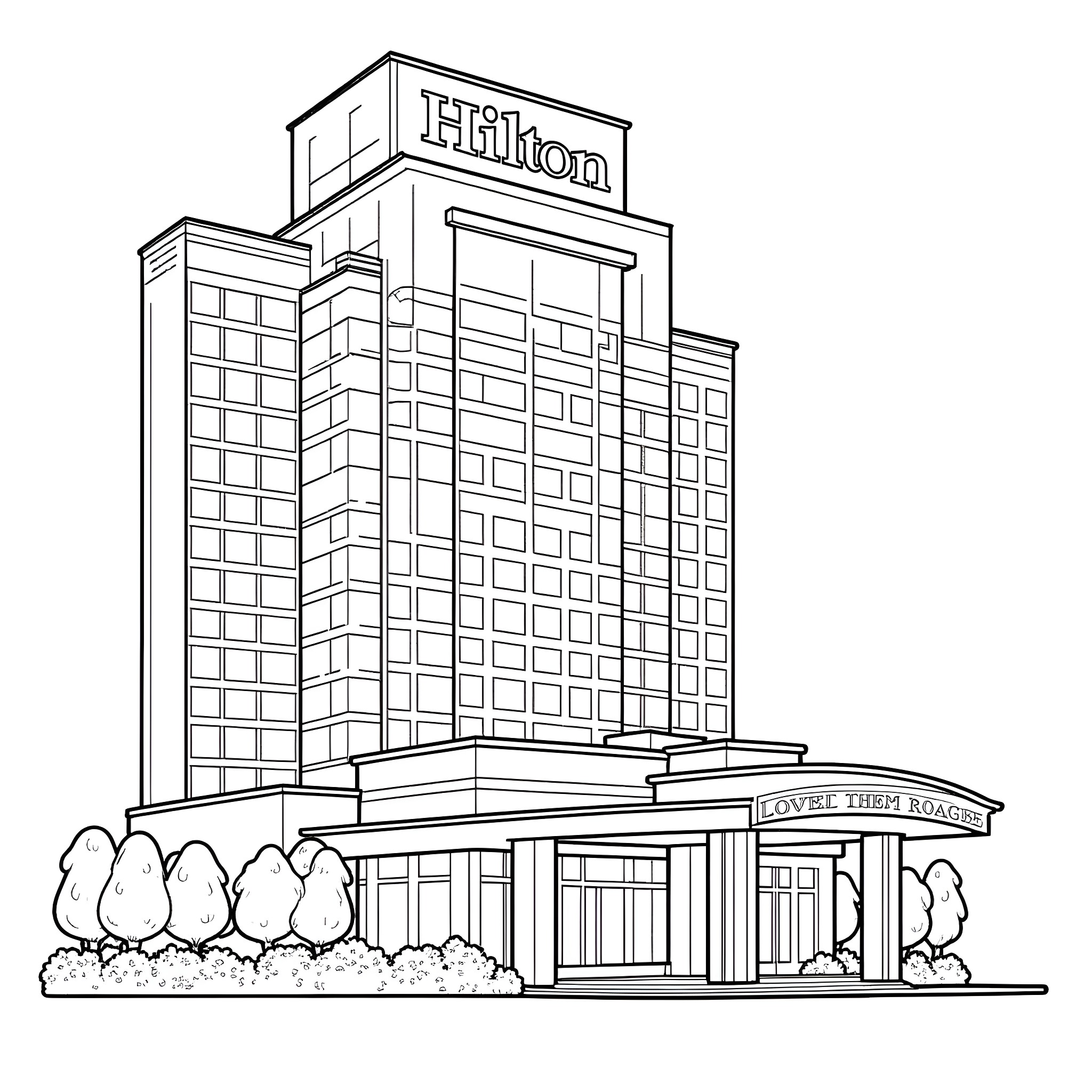 Hotel with Prominent Signage and Modern Architecture Coloring Page (free black-and-white line drawing printable PDF for all, from beginners to advanced learners, including children, teens, adults, and seniors)