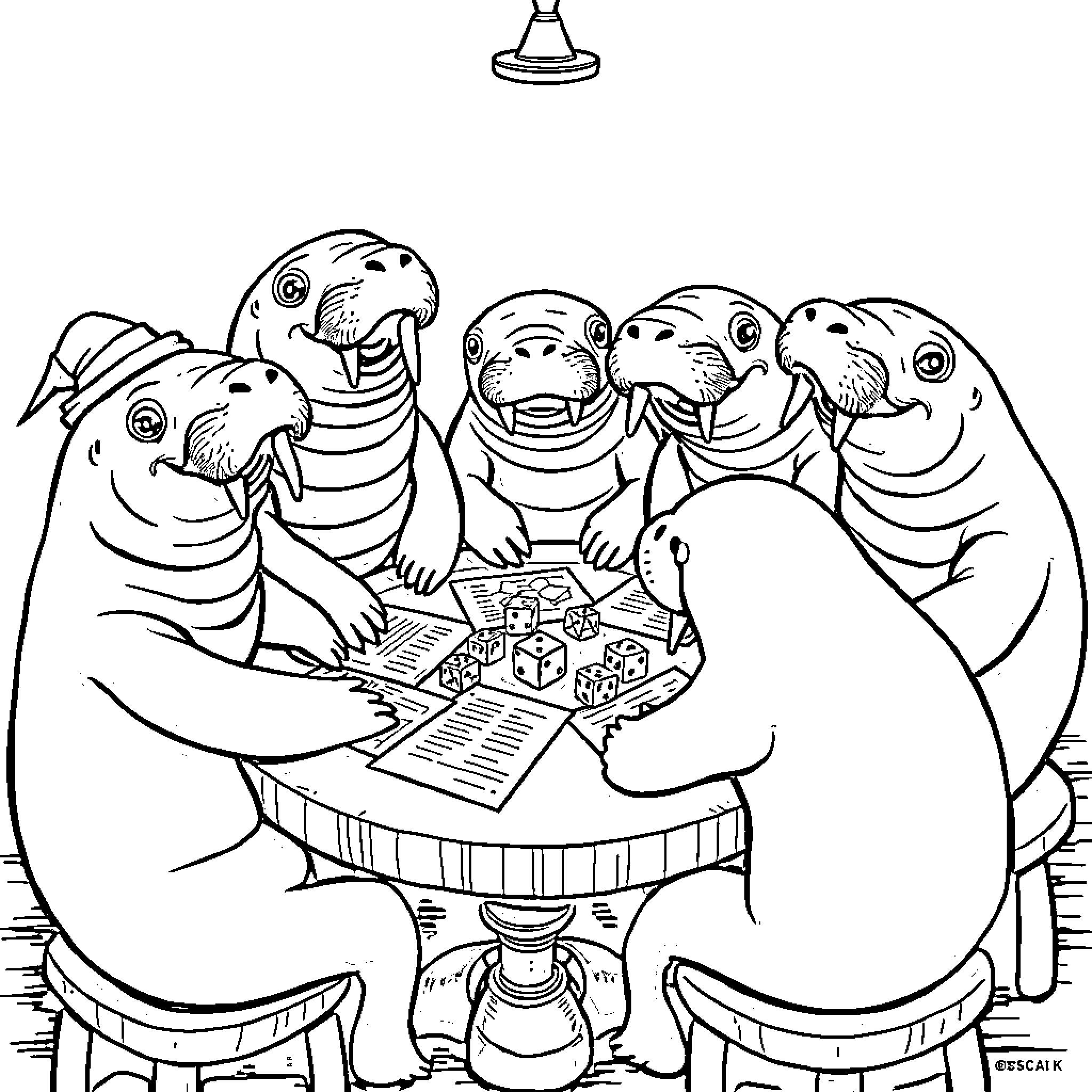 Manatees playing a board game together Coloring Page (free black-and-white line drawing printable PDF for all, from beginners to advanced learners, including children, teens, adults, and seniors)