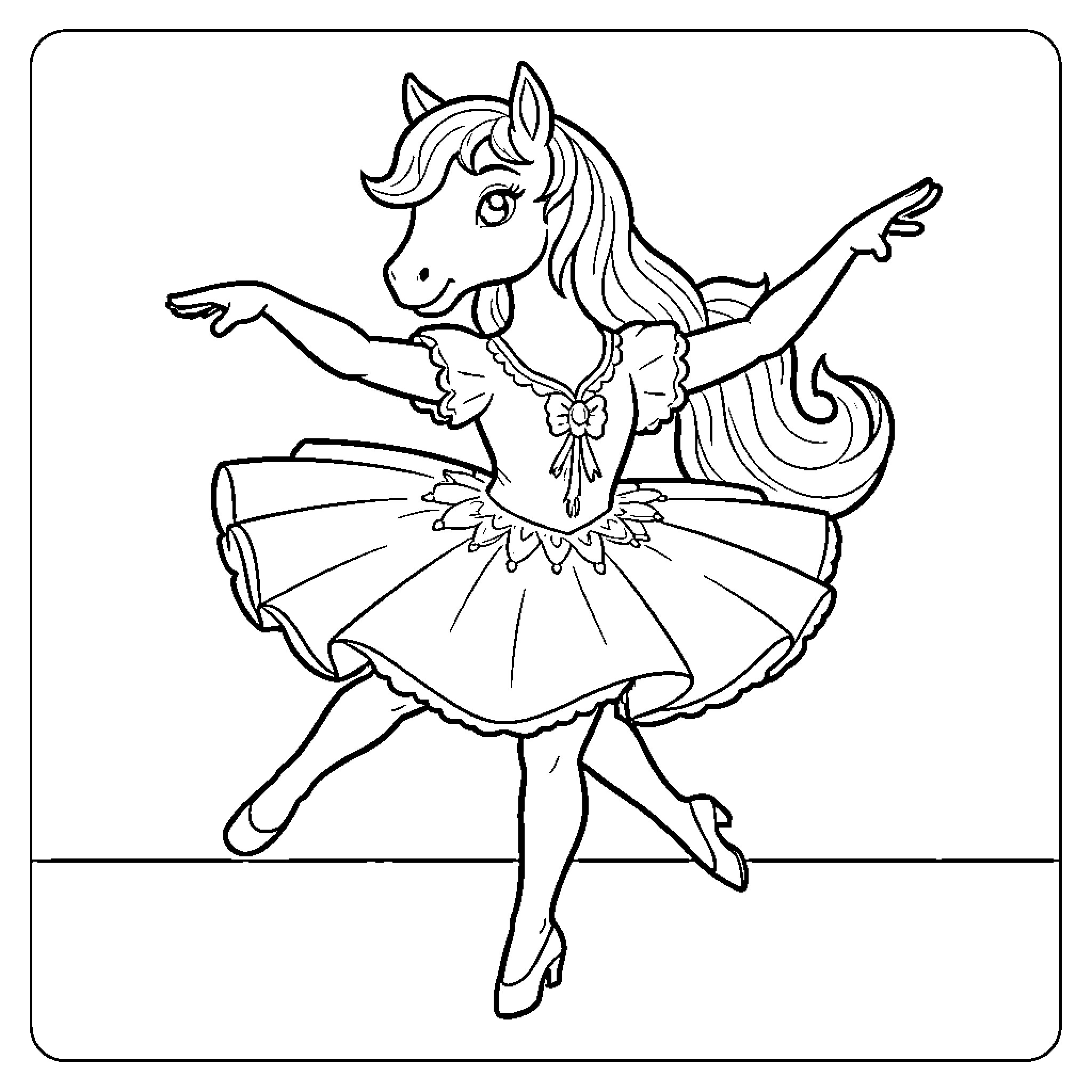 Pony dancing gracefully in a ballet tutu Coloring Page (free black-and-white line drawing printable PDF for all, from beginners to advanced learners, including children, teens, adults, and seniors)