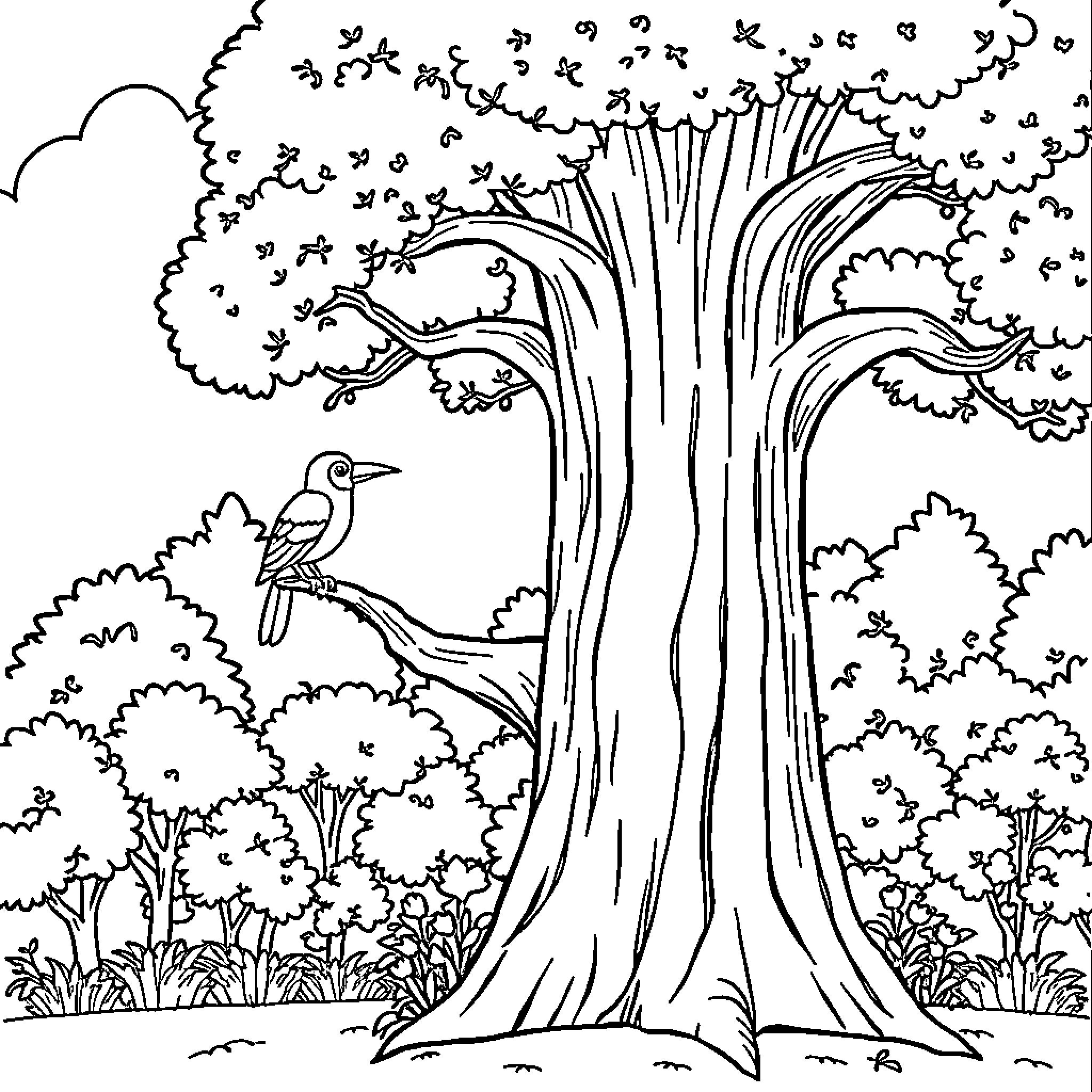 Tree with birds in the forest Coloring Page (free black-and-white line drawing printable PDF for all, from beginners to advanced learners, including children, teens, adults, and seniors)