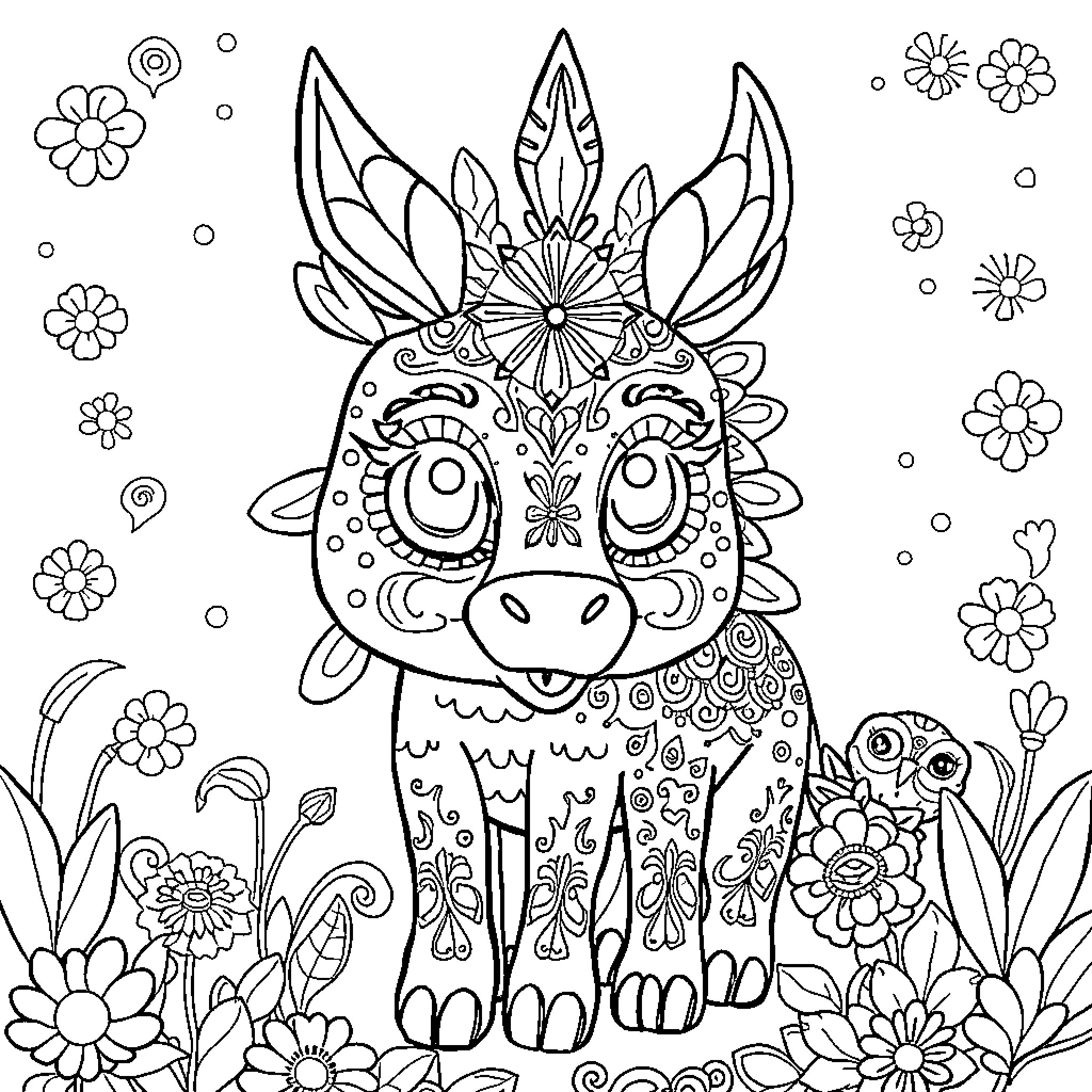 Alebrije creature surrounded by vibrant flowers Coloring Page (free black-and-white line drawing printable PDF for all, from beginners to advanced learners, including children, teens, adults, and seniors)