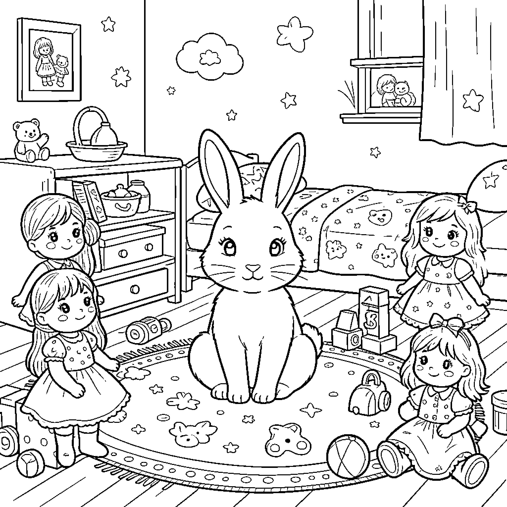 Rabbit sitting in a room filled with dolls Coloring Page (free black-and-white line drawing printable PDF for all, from beginners to advanced learners, including children, teens, adults, and seniors)