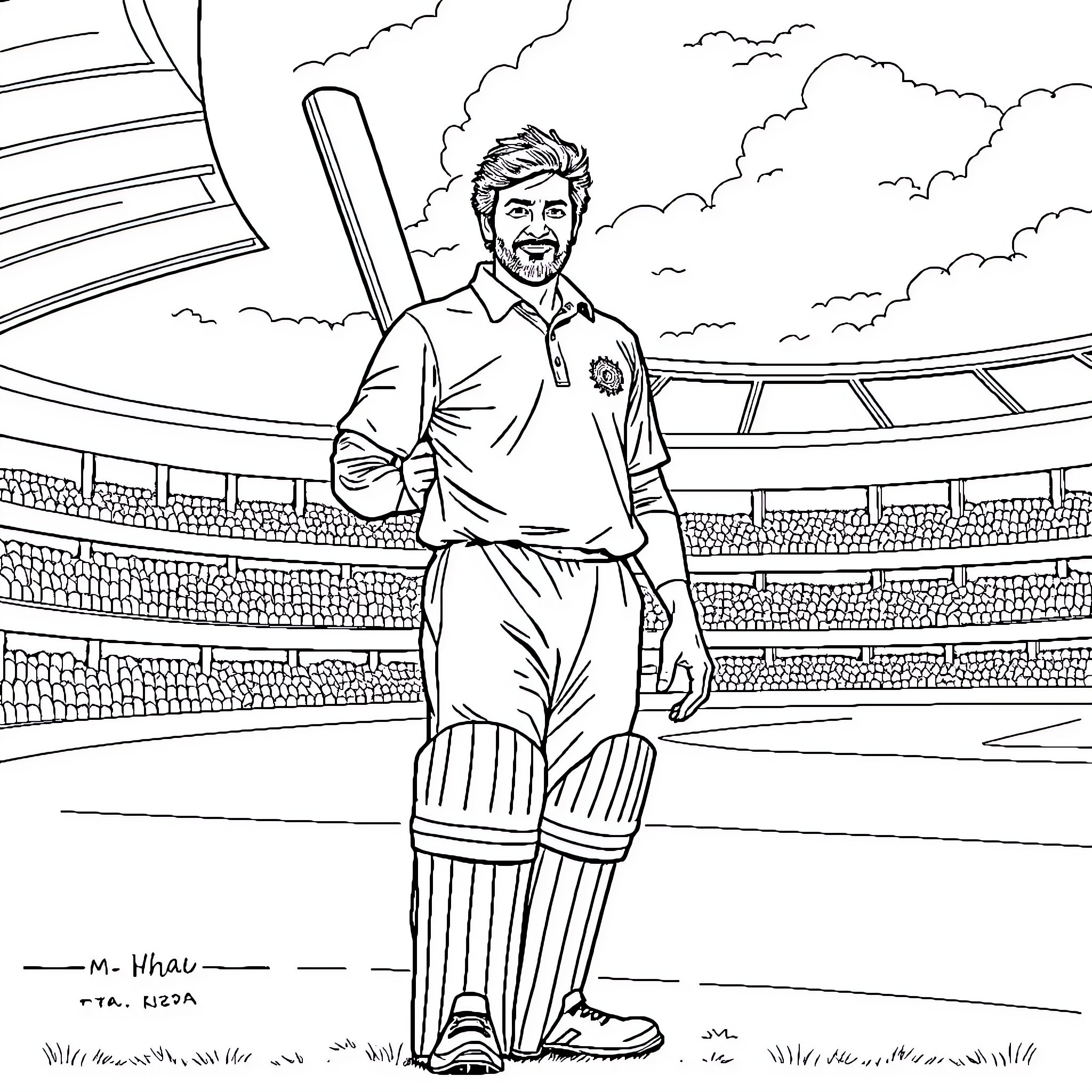 Imran Khan standing confidently in a cricket stadium Coloring Page (free black-and-white line drawing printable PDF for all, from beginners to advanced learners, including children, teens, adults, and seniors)