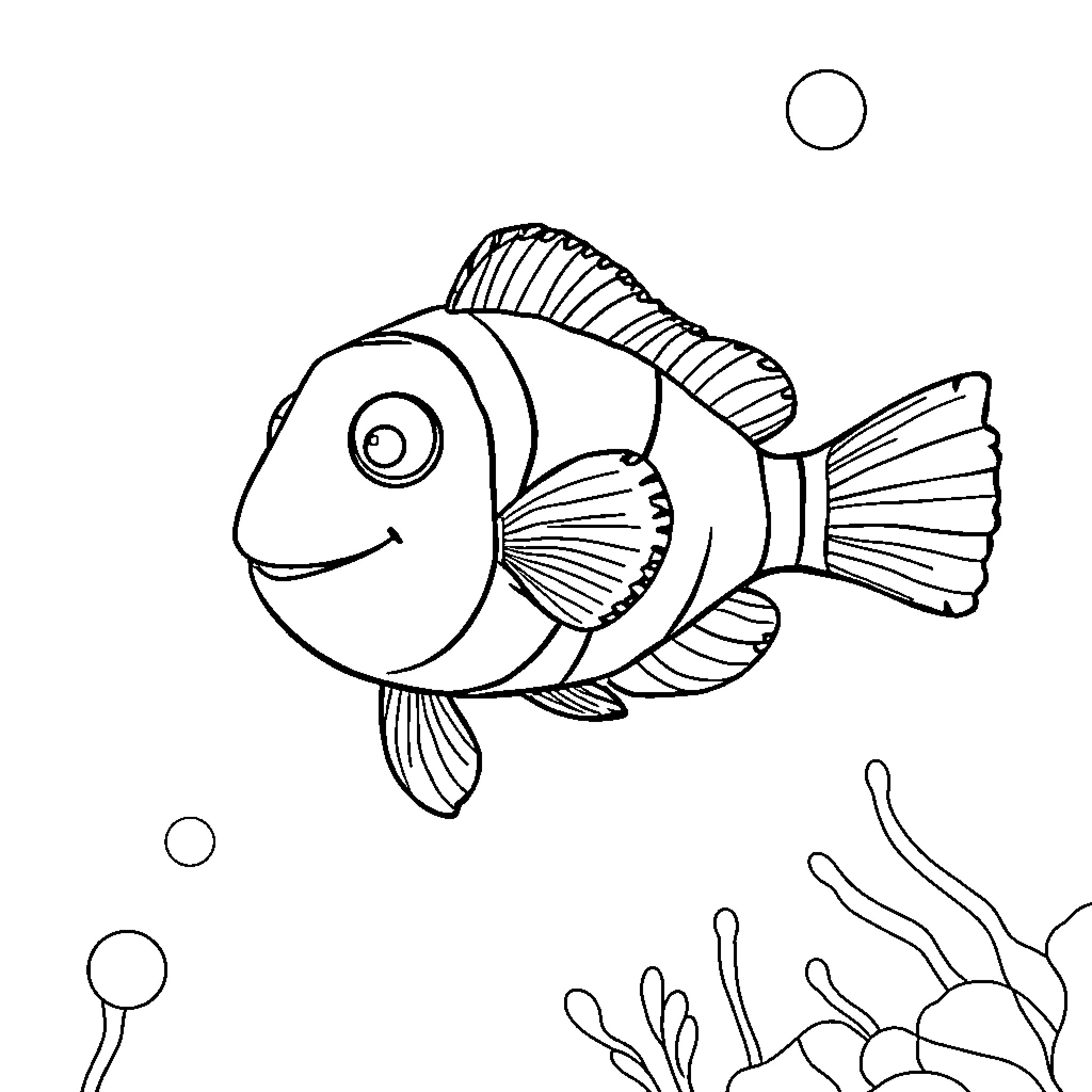 Nemo Swims Happily in the Ocean Coloring Page (free black-and-white line drawing printable PDF for all, from beginners to advanced learners, including children, teens, adults, and seniors)