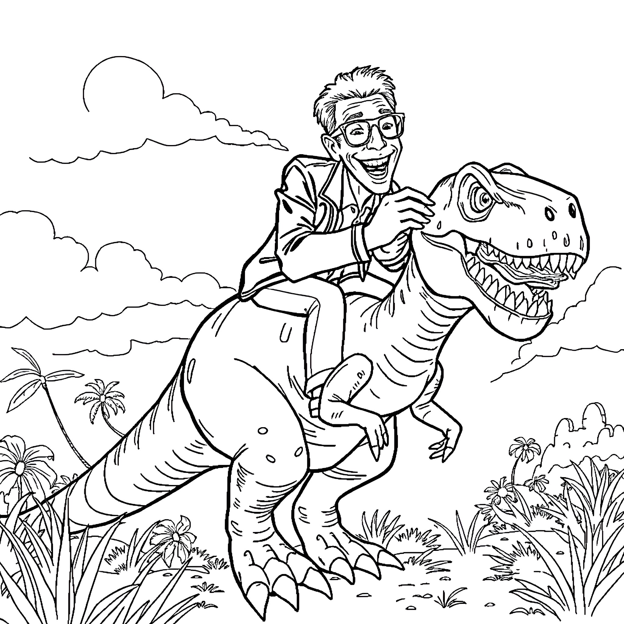Jeff Goldblum rides a T-Rex in a comedic adventure Coloring Page (free black-and-white line drawing printable PDF for all, from beginners to advanced learners, including children, teens, adults, and seniors)