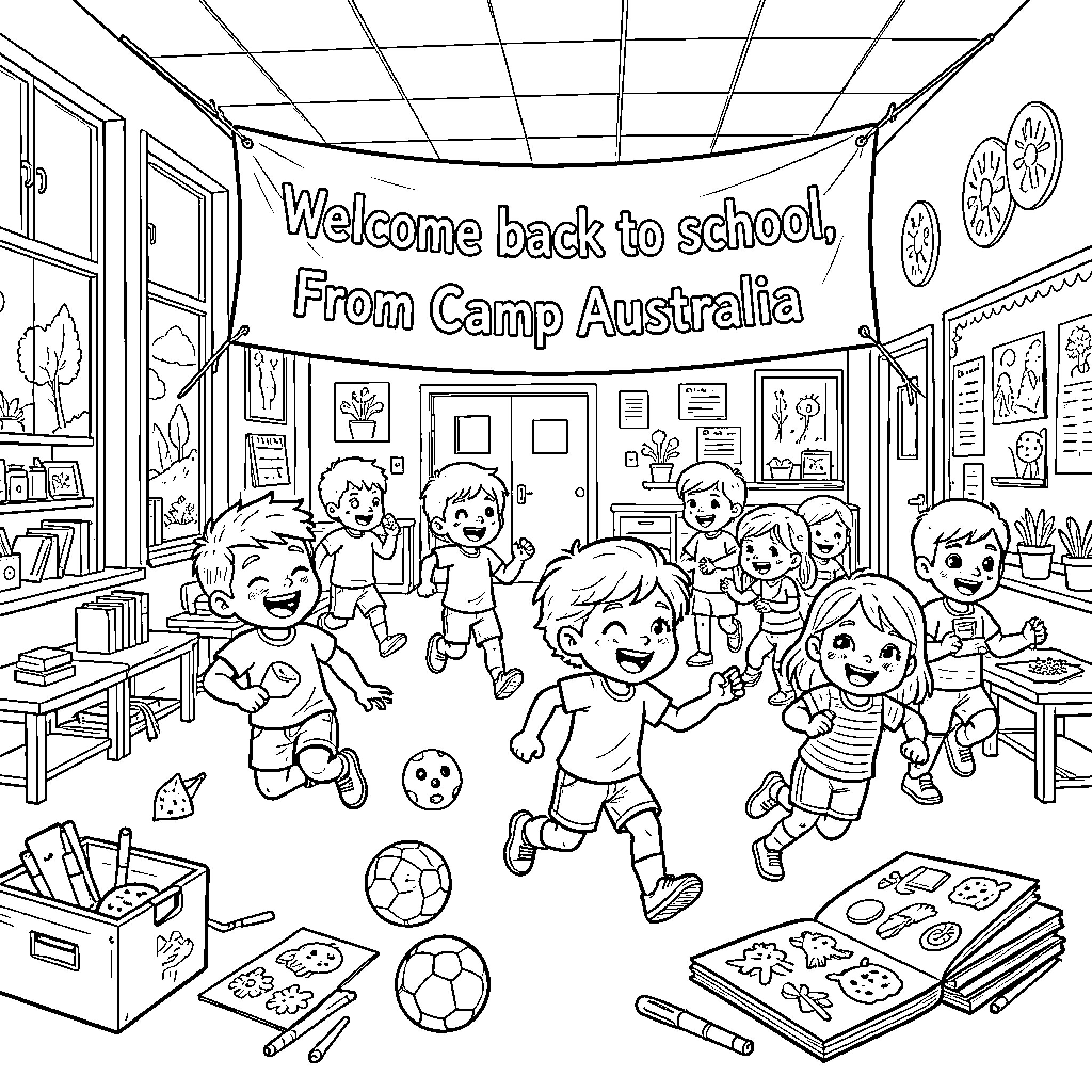 Child's Joyful Return to School From Camp Australia Coloring Page (free black-and-white line drawing printable PDF for all, from beginners to advanced learners, including children, teens, adults, and seniors)