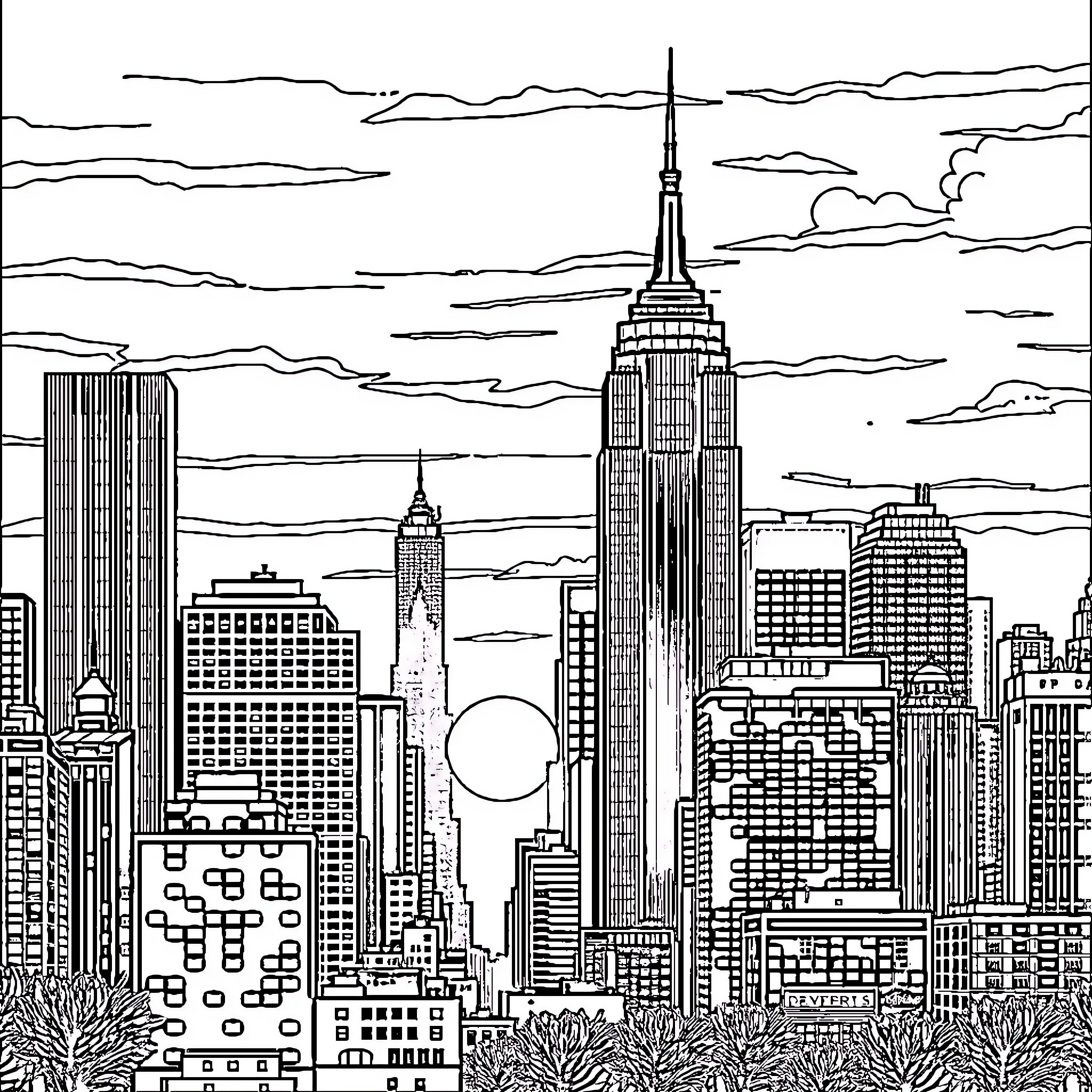 New York City skyline with iconic skyscrapers Coloring Page (free black-and-white line drawing printable PDF for all, from beginners to advanced learners, including children, teens, adults, and seniors)