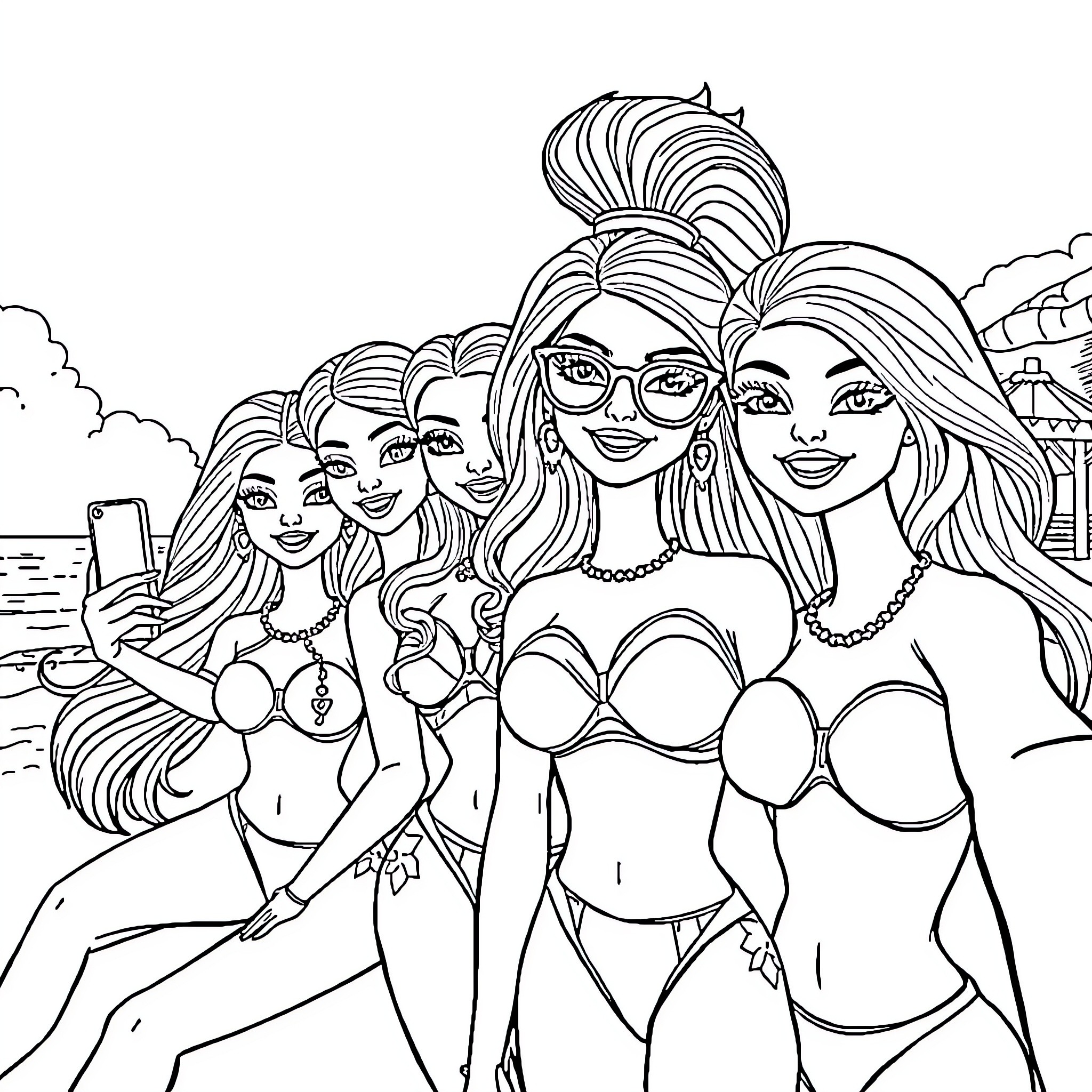 Bratz friends posing for a selfie at the beach Coloring Page (free black-and-white line drawing printable PDF for all, from beginners to advanced learners, including children, teens, adults, and seniors)